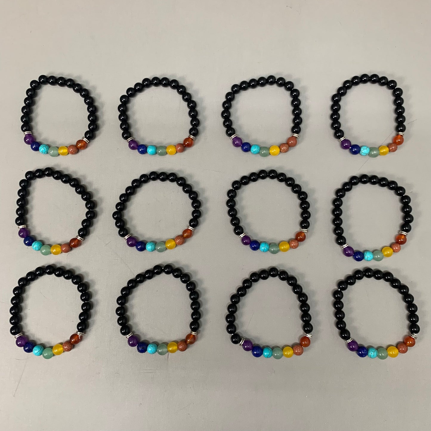 BEST WHOLESALE (12 PACK) Beaded Shiny Black-Rainbow Crystal Bracelets 3" New