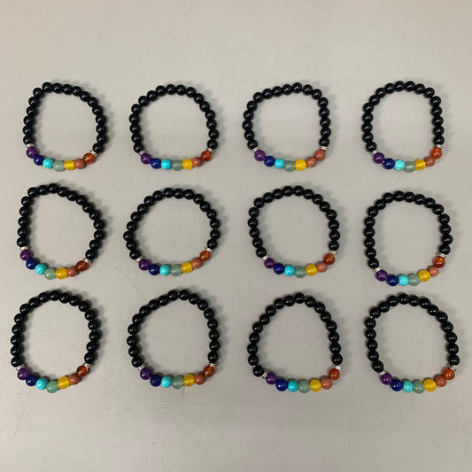 BEST WHOLESALE (12 PACK) Beaded Shiny Black-Rainbow Crystal Bracelets 3" New