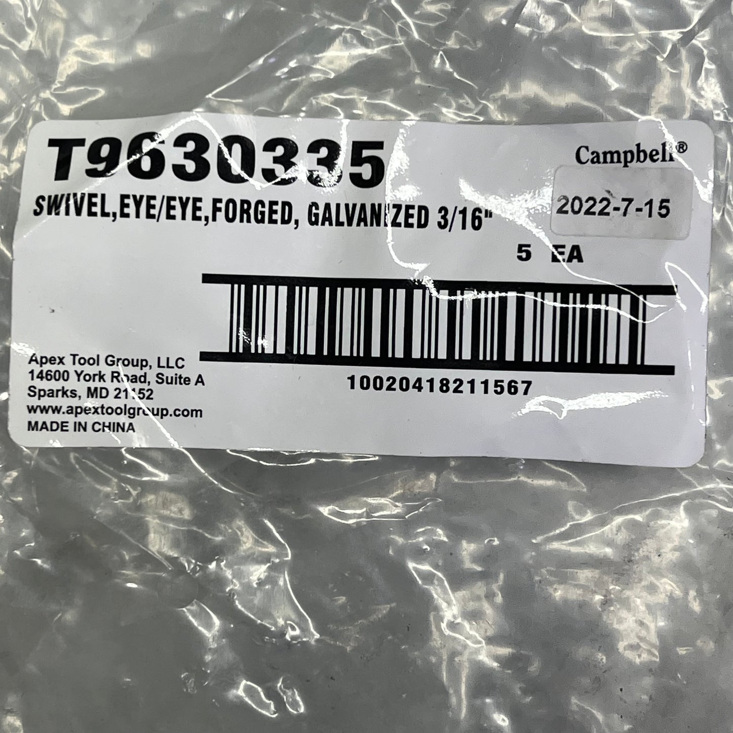 CAMPBELL (5 PACK) Galvanized Swivel Eye/Eye Forged 3/16" Chrome T9630335