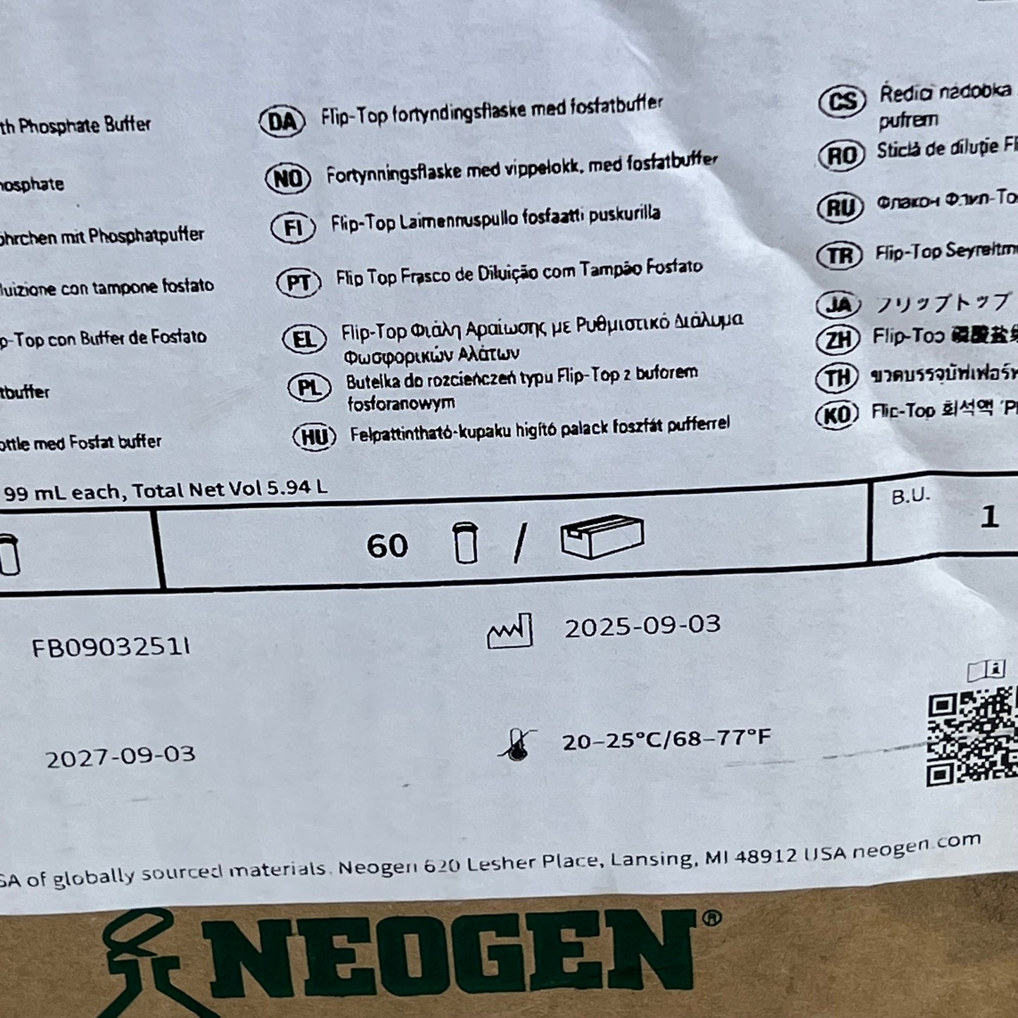 NEOGEN (60 PACK) Flip Top Dilution Bottle W/ Phosphate Buffer 99 mL BB 09/2027