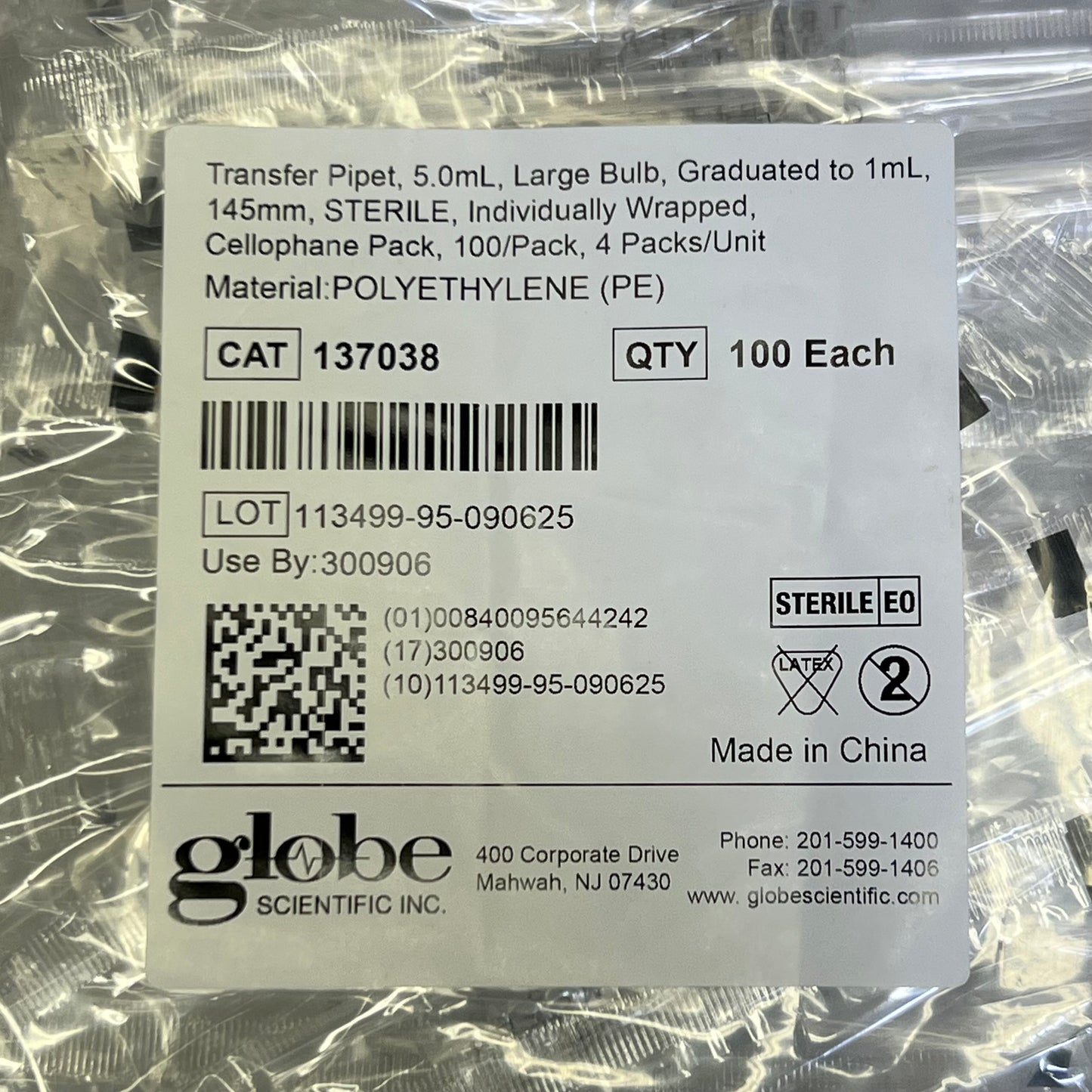 GLOBE SCIENTIFIC (100 PACK) Transfer Pipet Polyethylene Clear Large Bulb 5.0mL 137038