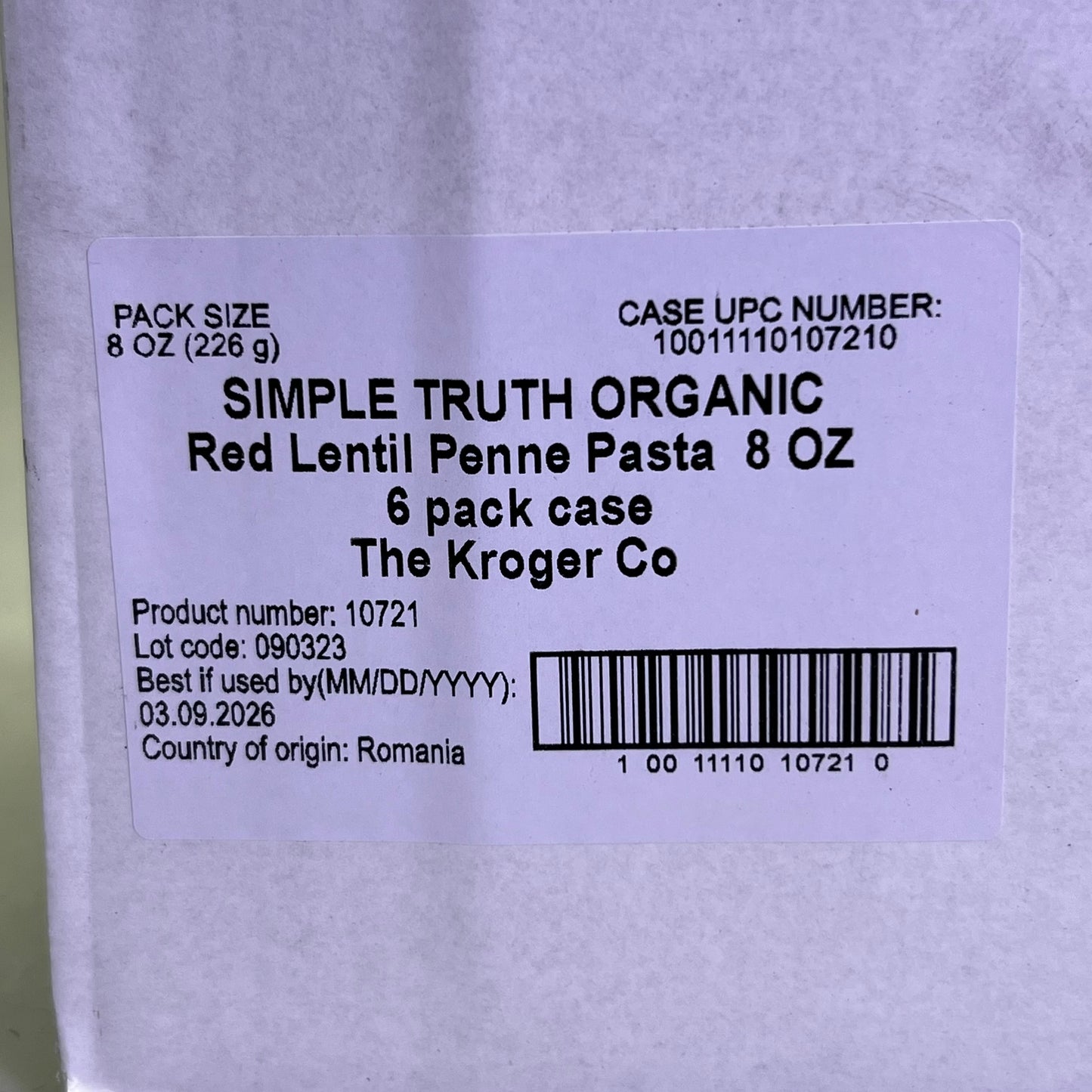 SIMPLE TRUTH ORGANIC (6 PACK) Red Lentil Penne Pasta 8 oz Red BB 03/26
