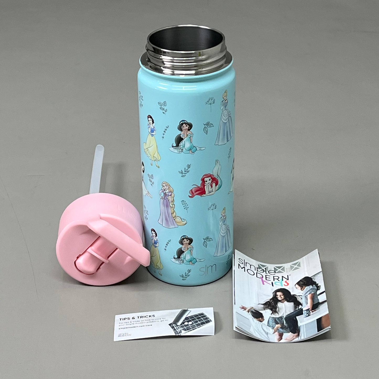 SIMPLE MODERN Stainless Steel Water Bottle w/ Straw Blue Disney Princess 18oz