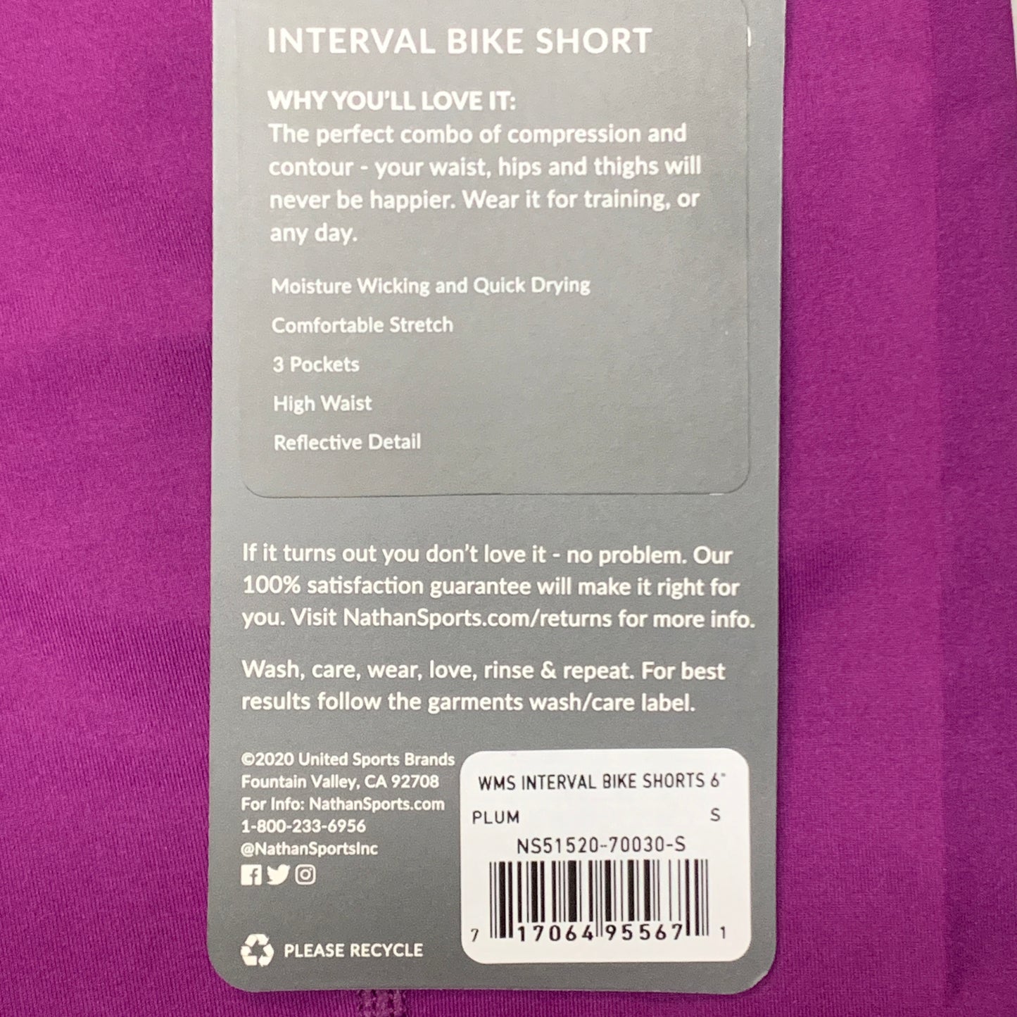 NATHAN Interval 6" Inseam Bike Short Women's Plum Size S NS51520-70030-S