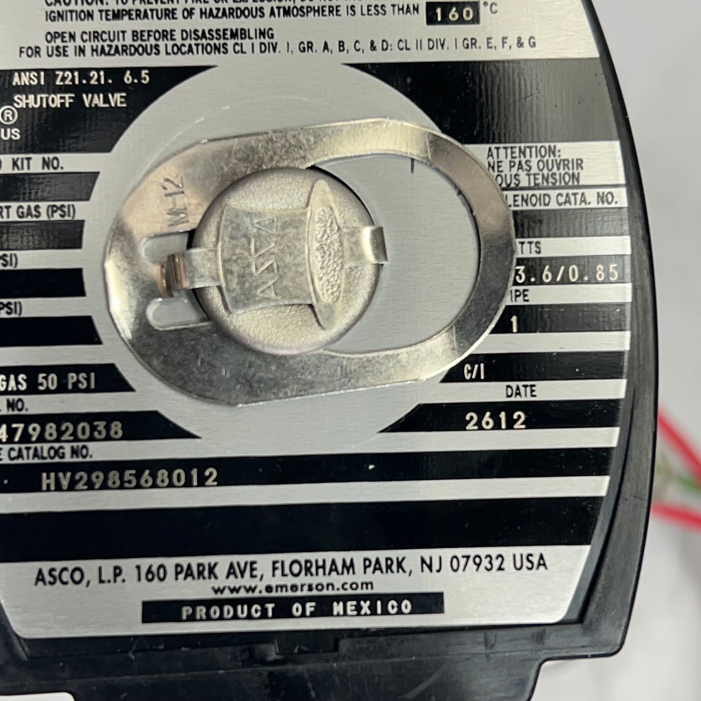 ASCO Low Temperature Gas Shutoff Valve Peak & Hold Design 24/DC INT HV298568012