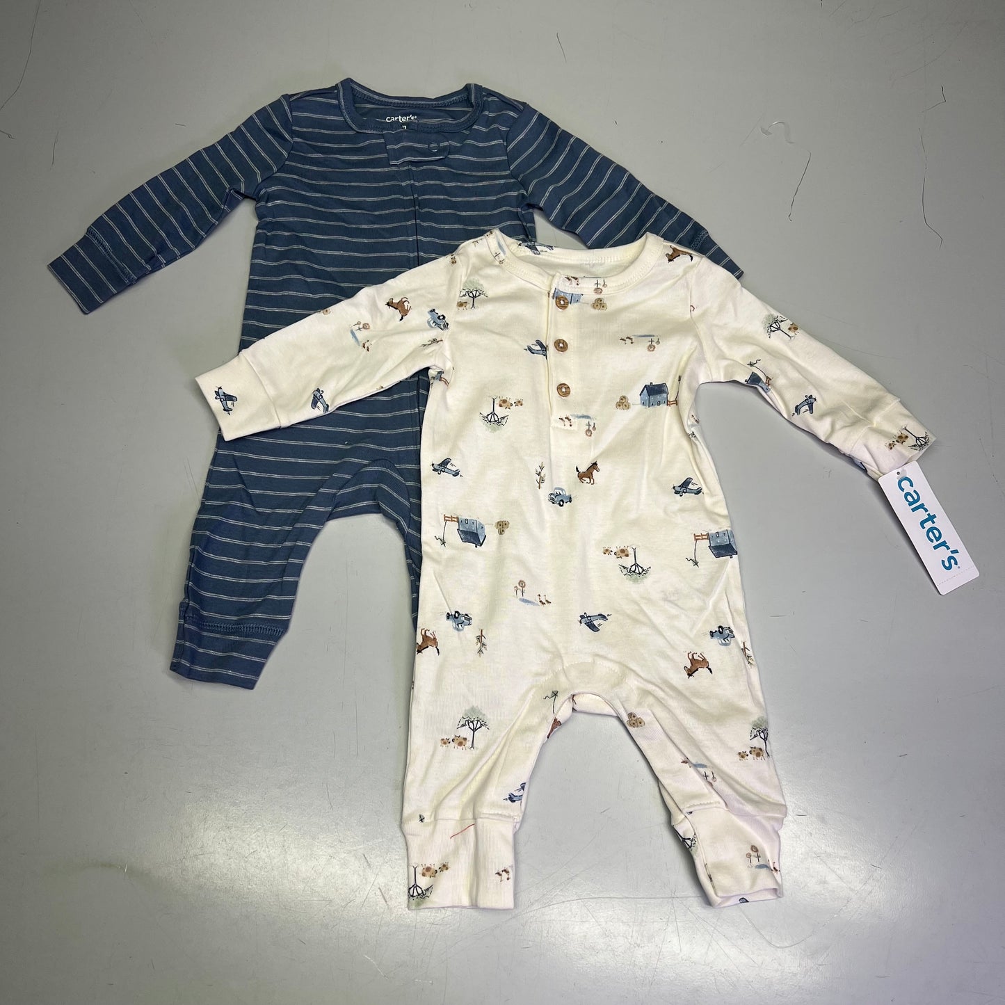 CARTERS (SET OF 2) Soft Farmhouse Pattern Onesie Baby Boy's Sz 3M Blue/White
