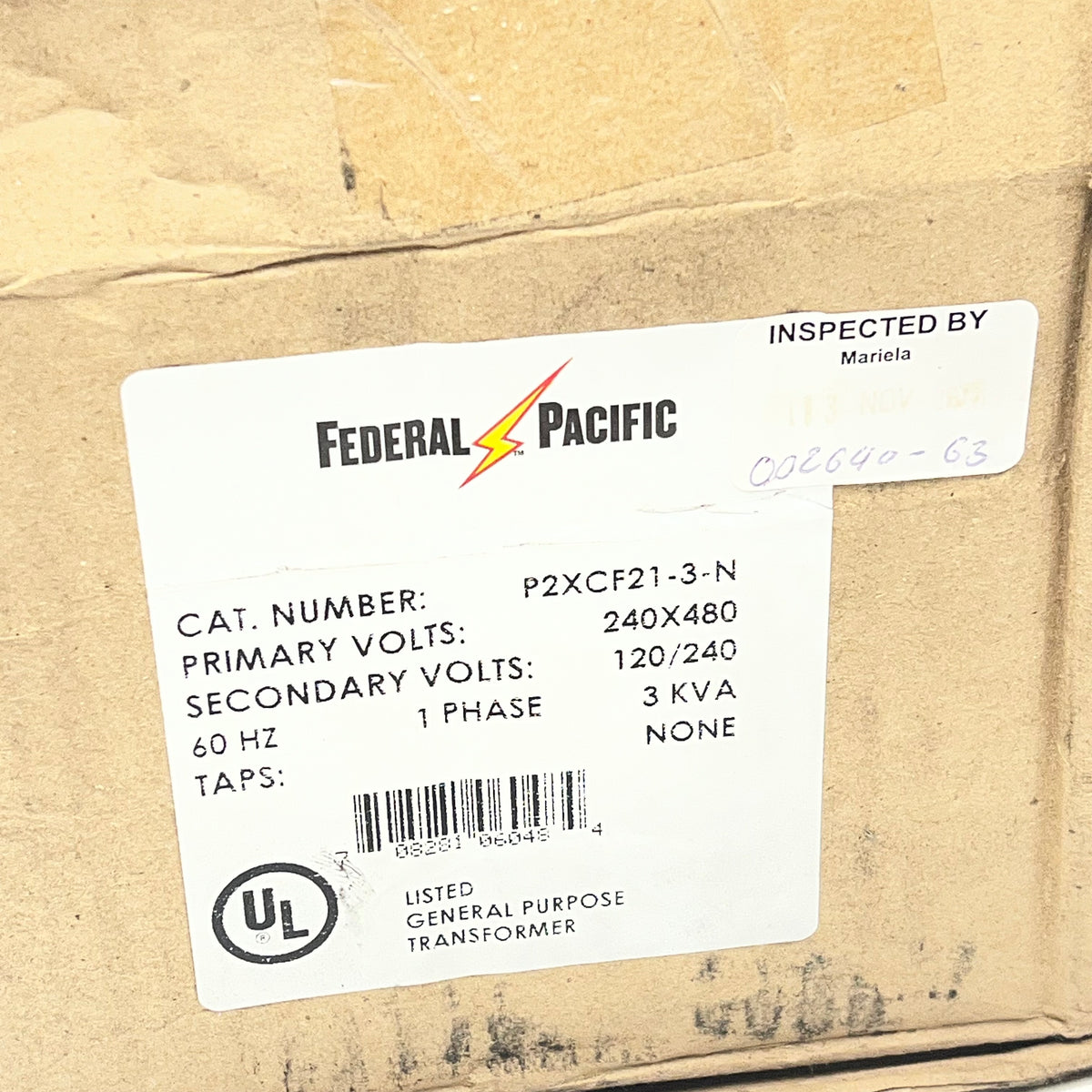 FEDERAL PACIFIC Dry-Type Transformer 60 Hz 3 KVA 120/240 Grey P2XCF21-3-N