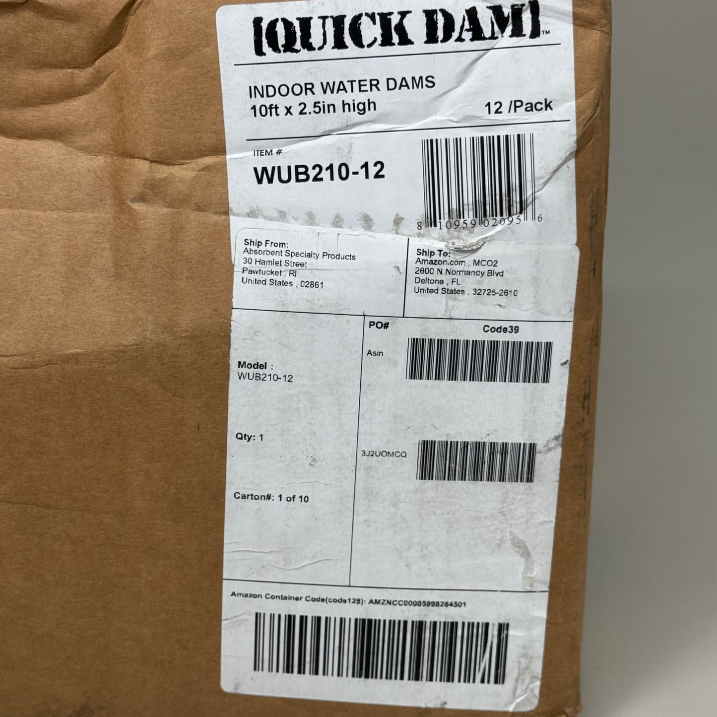 QUICK DAM (12 PACK) Indoor Water Dams Absorbs 3.75 Gal 10ft x 2.5" H WUB210-12