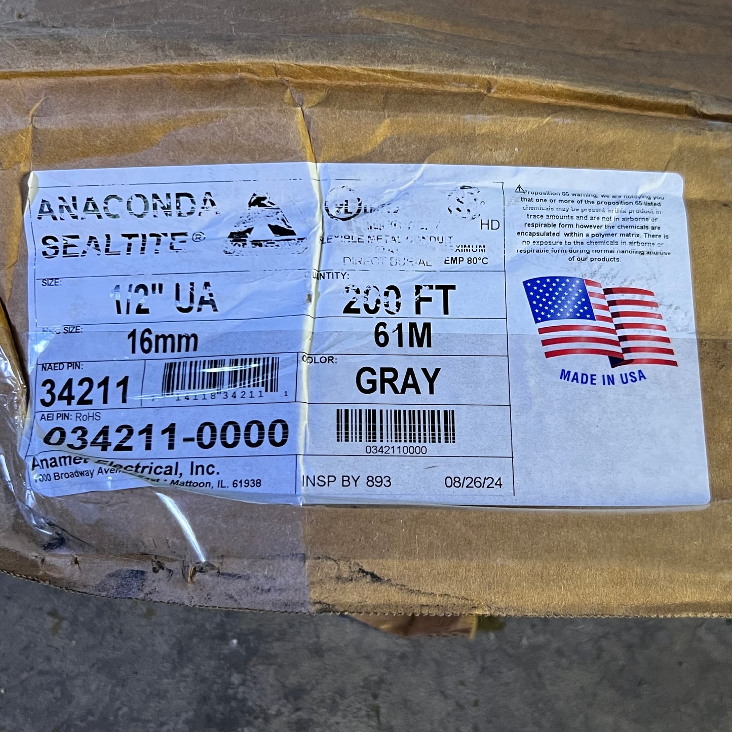 SEALTITE Flexible Liquid Tight Conduit Sz 200 ft x 1/2" Grey 34211