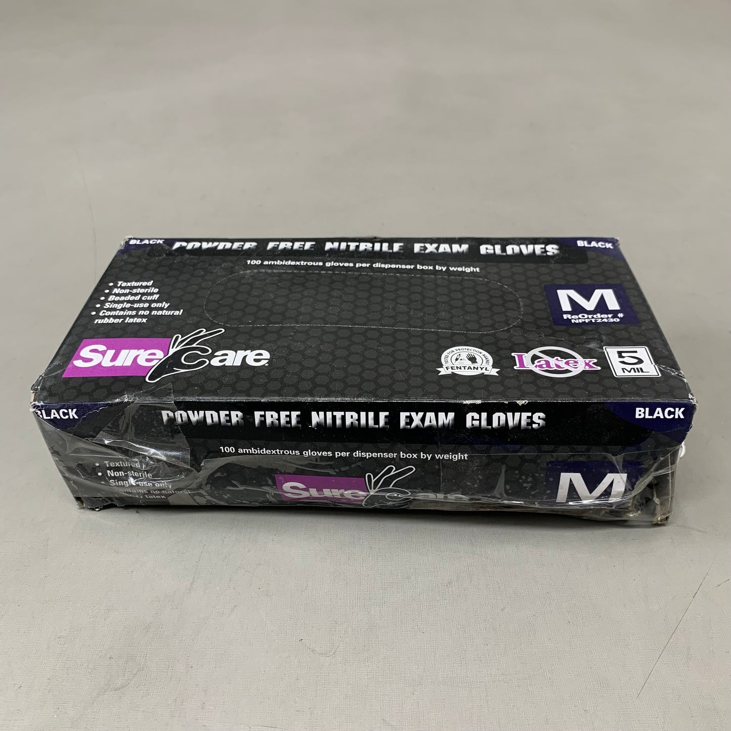 SURE CARE  (100Pack) Powder Free Nitrile Exam Gloves Medium Black 5936-24