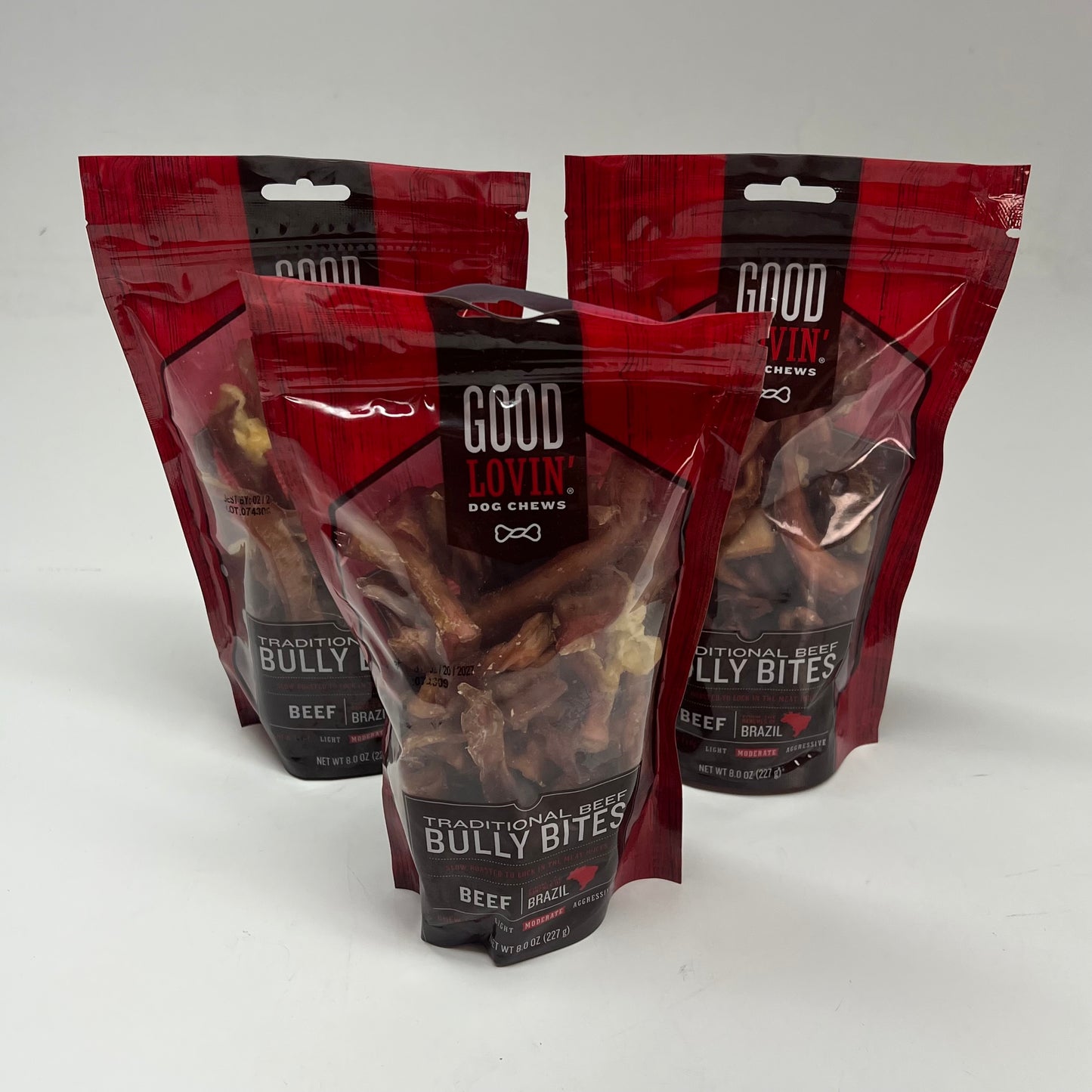GOOD LOVIN (3 PACK) Dog Chews Traditional Beef Bully Bites Treats 8oz BB 02/27