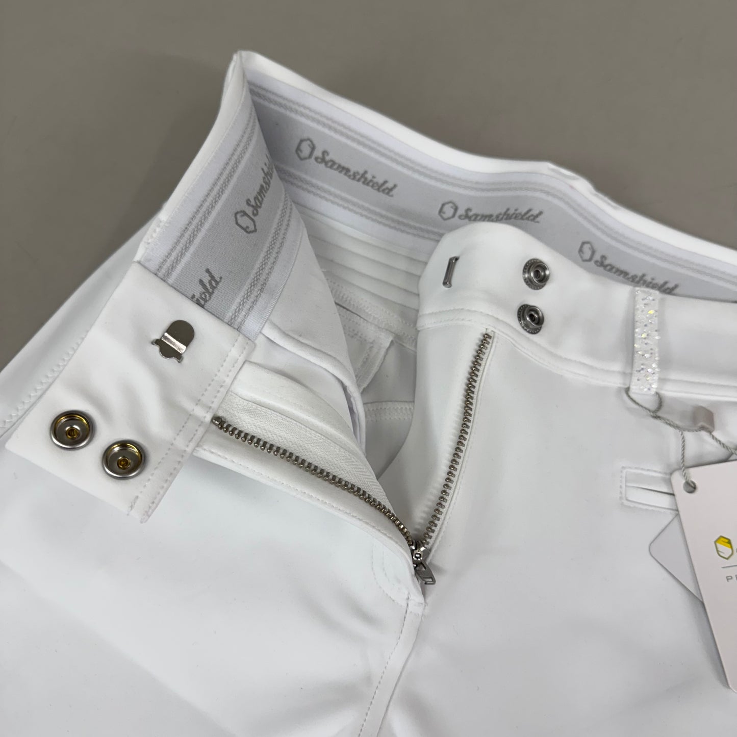 SAMSHIELD Clara Premium Knee Grip Equestrian Pants Women's Sz US 26 White Blazon