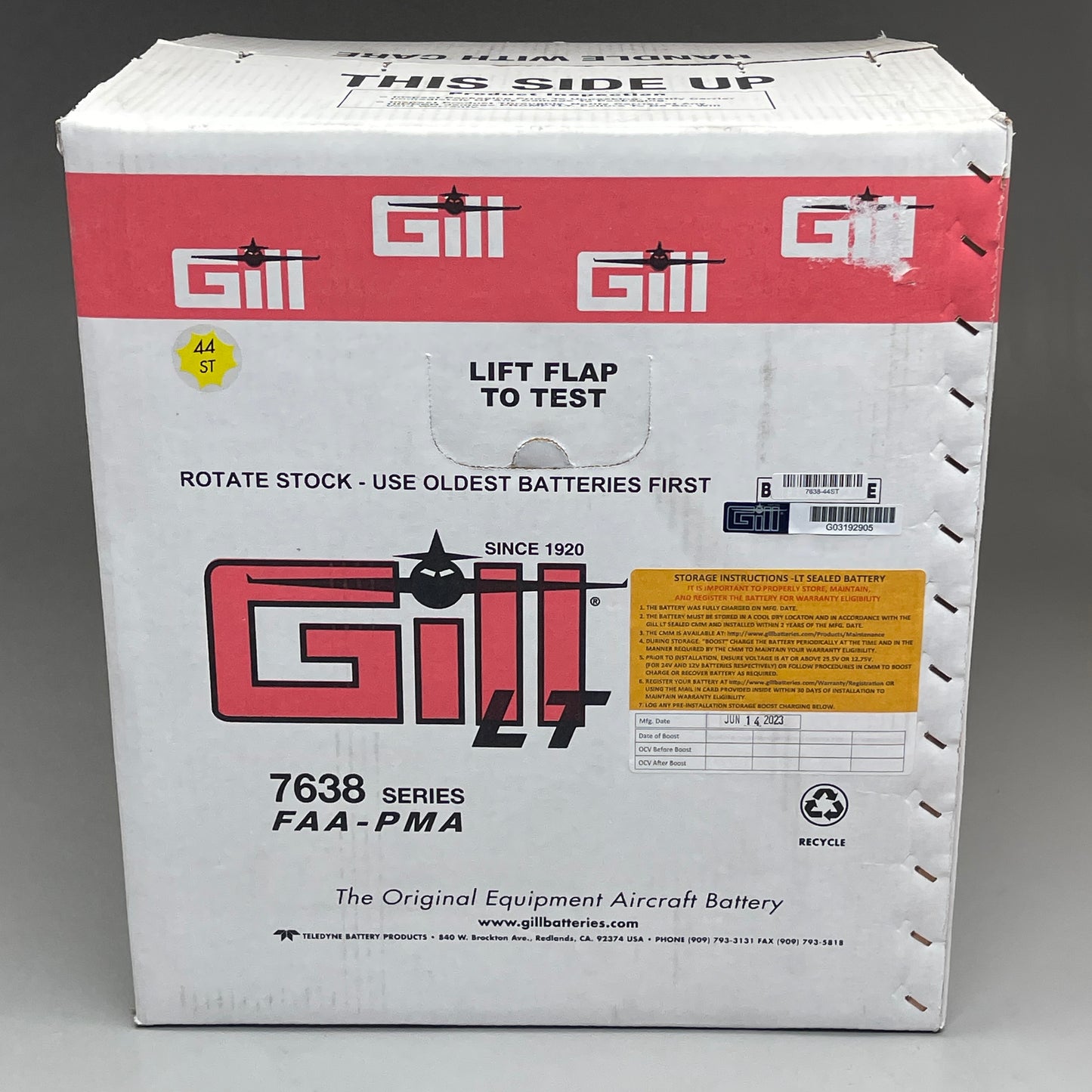 GILL LT The Original Equipment Aircraft Battery Sealed Lead Acid 24V 7638-44ST