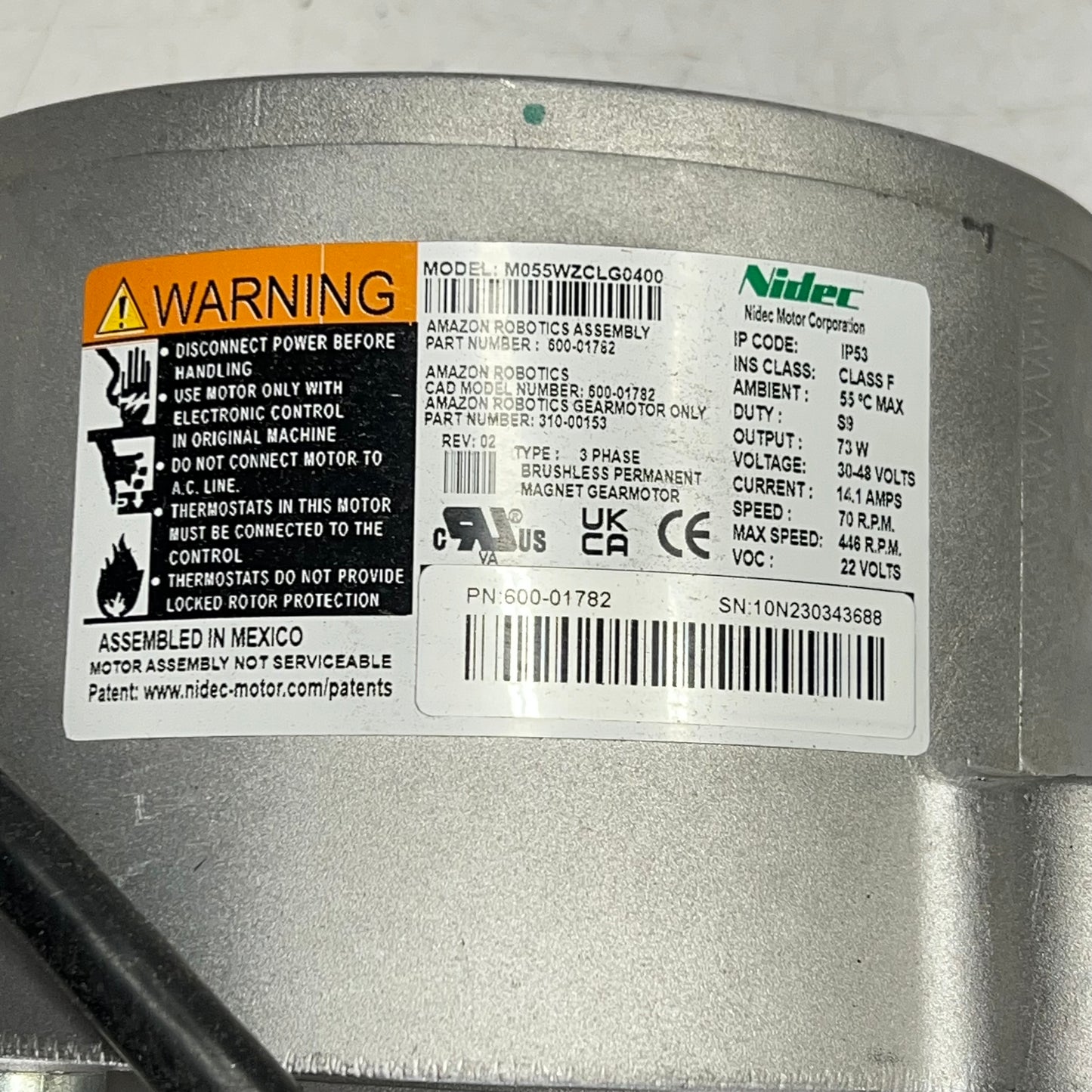 NIDEC Brushless Permanent Magnet Gear Motor 3 Phase 30-48V 600-01782