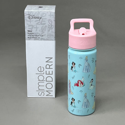 SIMPLE MODERN Stainless Steel Water Bottle w/ Straw Blue Disney Princess 18oz