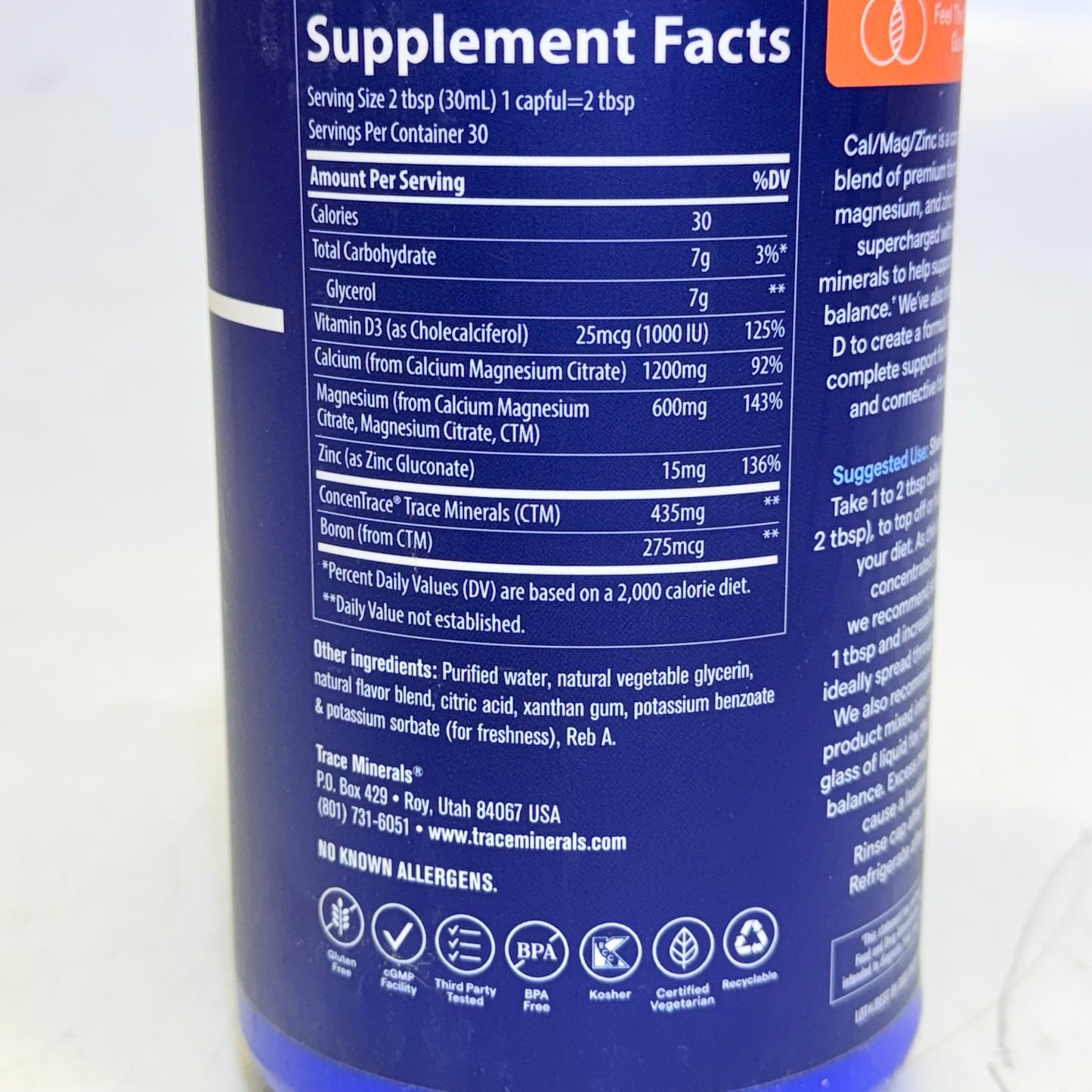 TRACE Cal/ Mag/ Zinc Liquid Mineral Supplement (30oz/Bottle) Piña Colada - BB 01/27