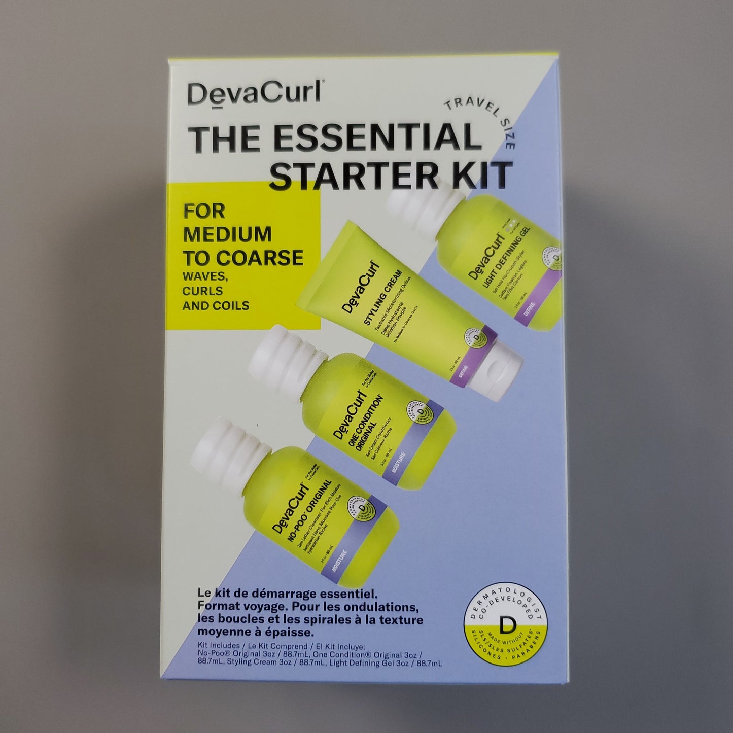 ZA@ DEVACURL The Essential Starter Kit No-Poo, One Condition, Styling Cream, Defining Gel (New) B