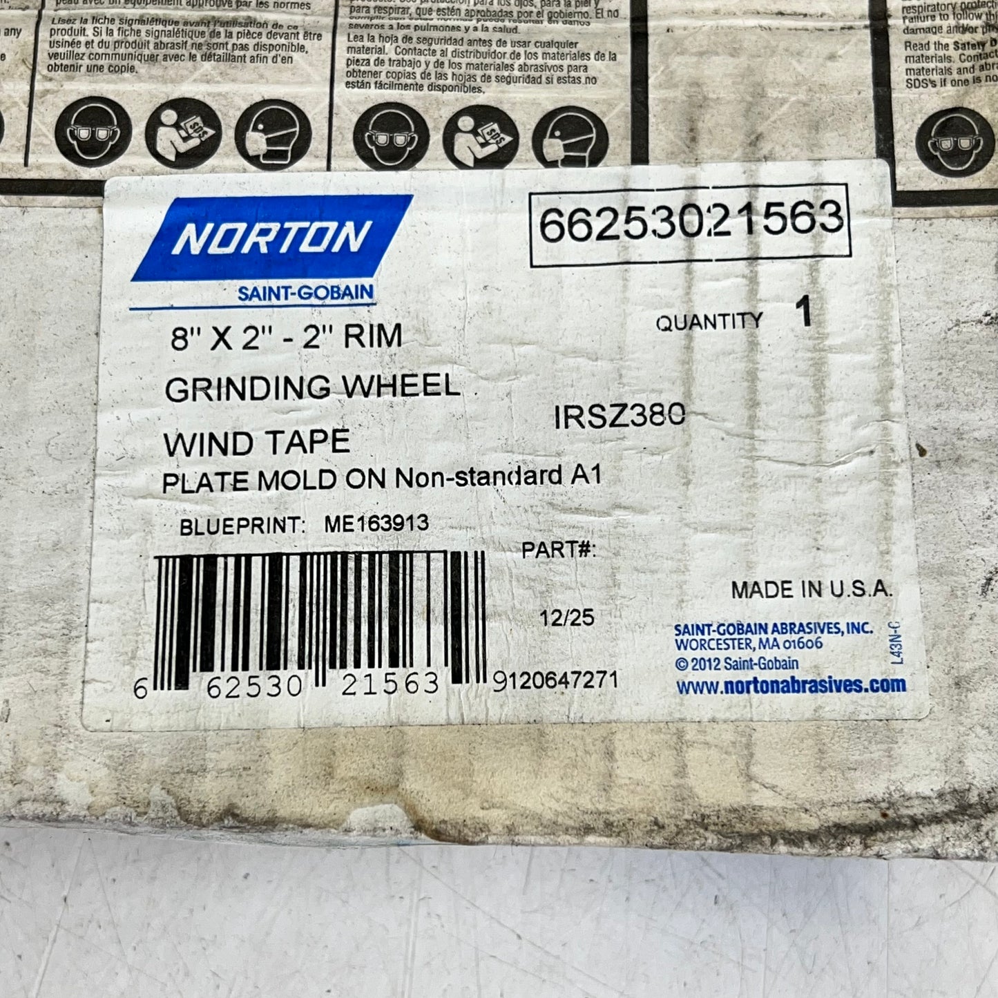 NORTON Grinding Wheel Wind Tape Type 2 8"x2" - 2" Rim 4500 RPM 66253021563