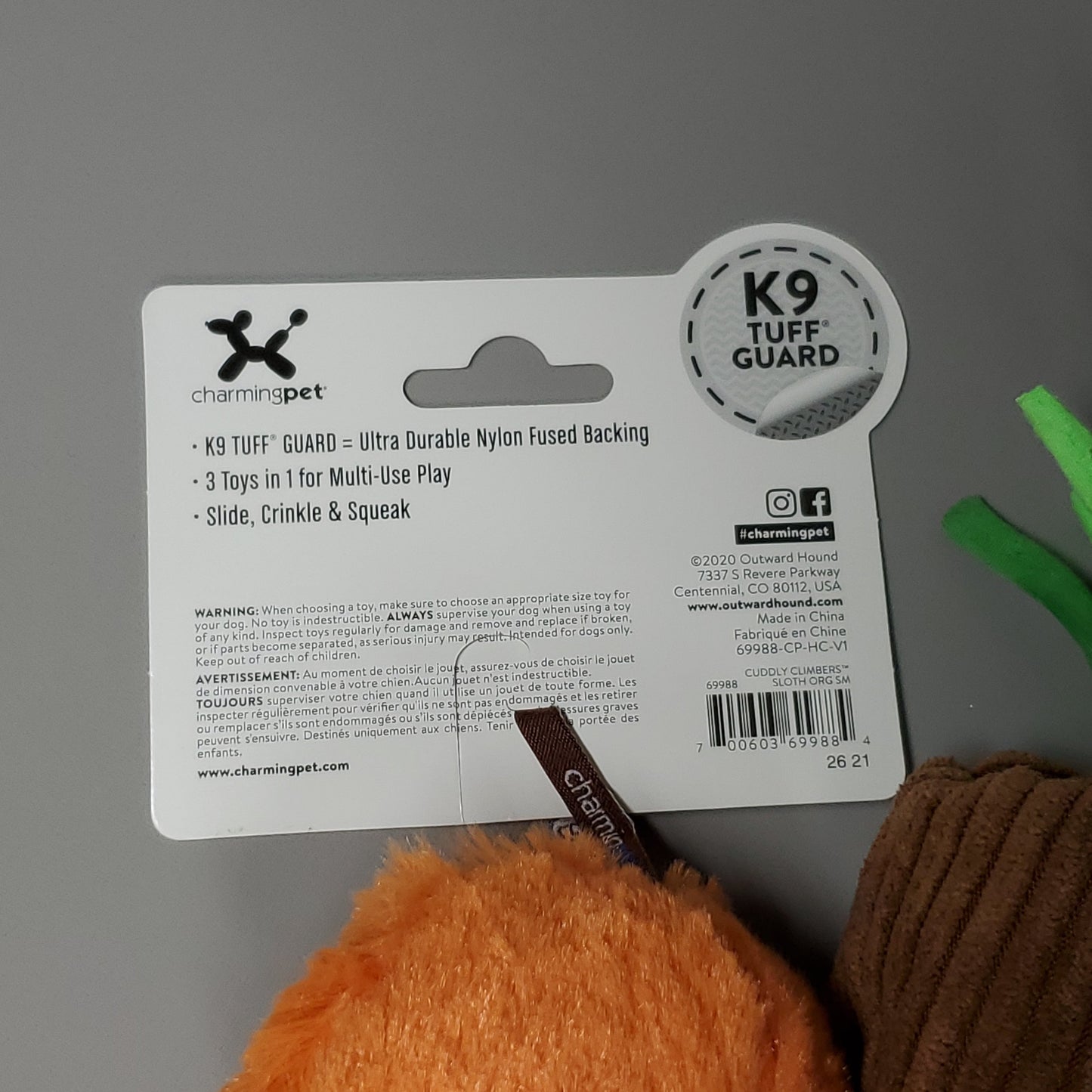 ZA@ CHARMING PET Cuddly Climbers Sloth Plush K9 Tuff Guard Ultra Durable 69988 Orange (New) C