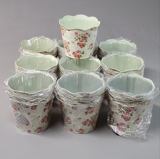 ZA@ 1800FLOWERS 45 Pack Of Damask Metal Buckets/Cans Pink Rose W/ Liners 6” 79232 (New) B