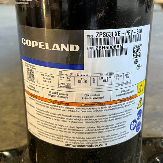 COPELAND Scroll Compressor 208-230V 1 PH Black ZPS63LXW-PFV-800 (New Other, Minor Cosmetic Dent)
