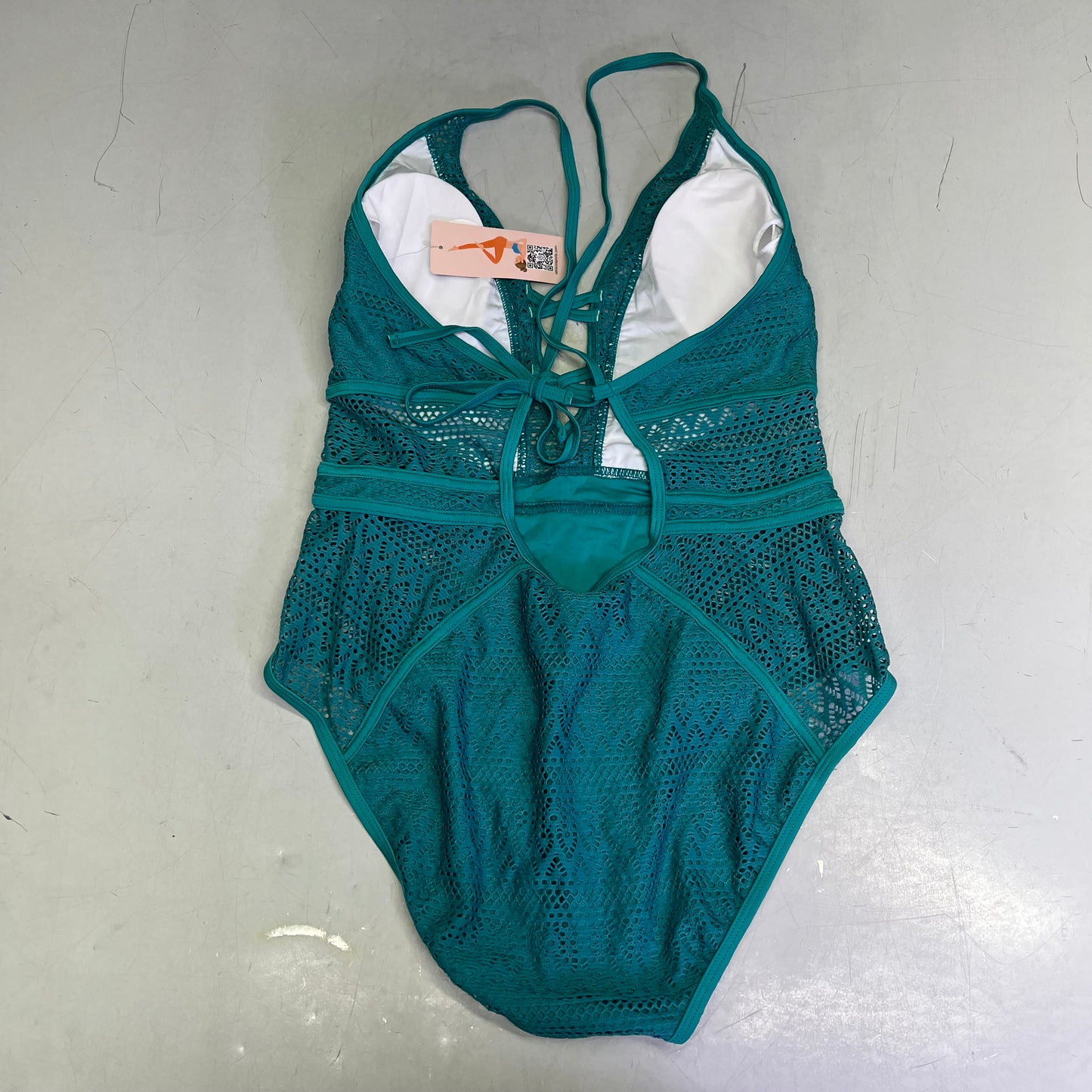CHARMO Solid Cross Plunge Crochet One Piece Swimsuit Women's Sz M Aqua Blue