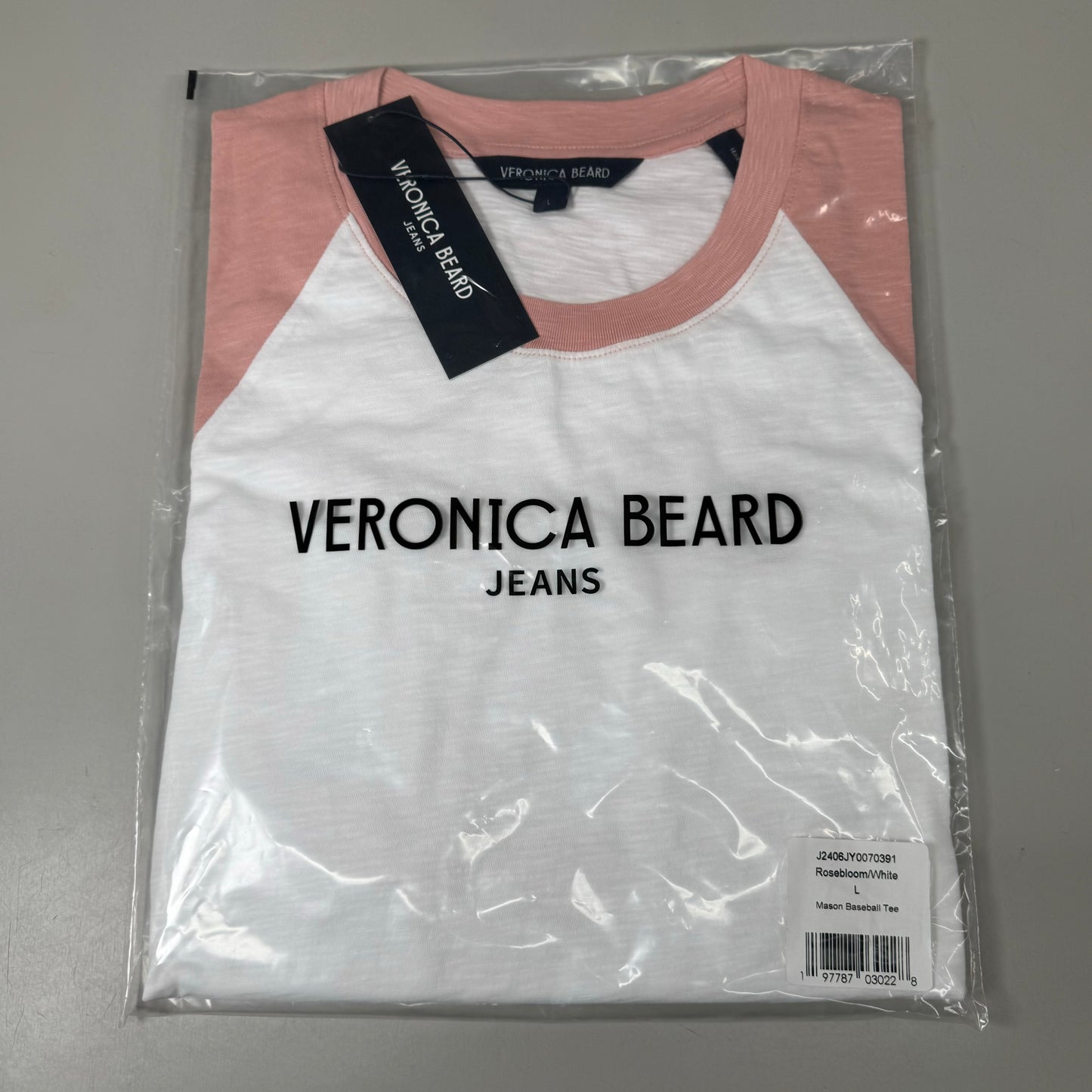 VERONICA BEARD Jeans Women's Mason Baseball Tee Sz-L Rosebloom/White