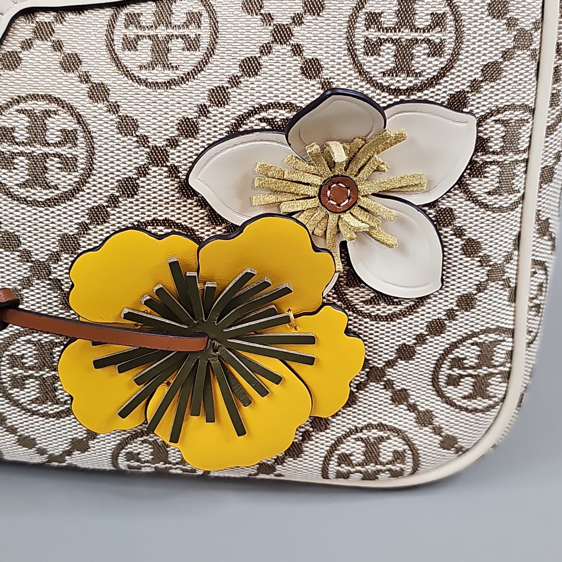 Tory Burch 80864 White Khaki Floral Design With Gold Hardware  Hazel/Gardenia Ella T Monogram Embroidered Women's Tote Bag price in UAE,  UAE