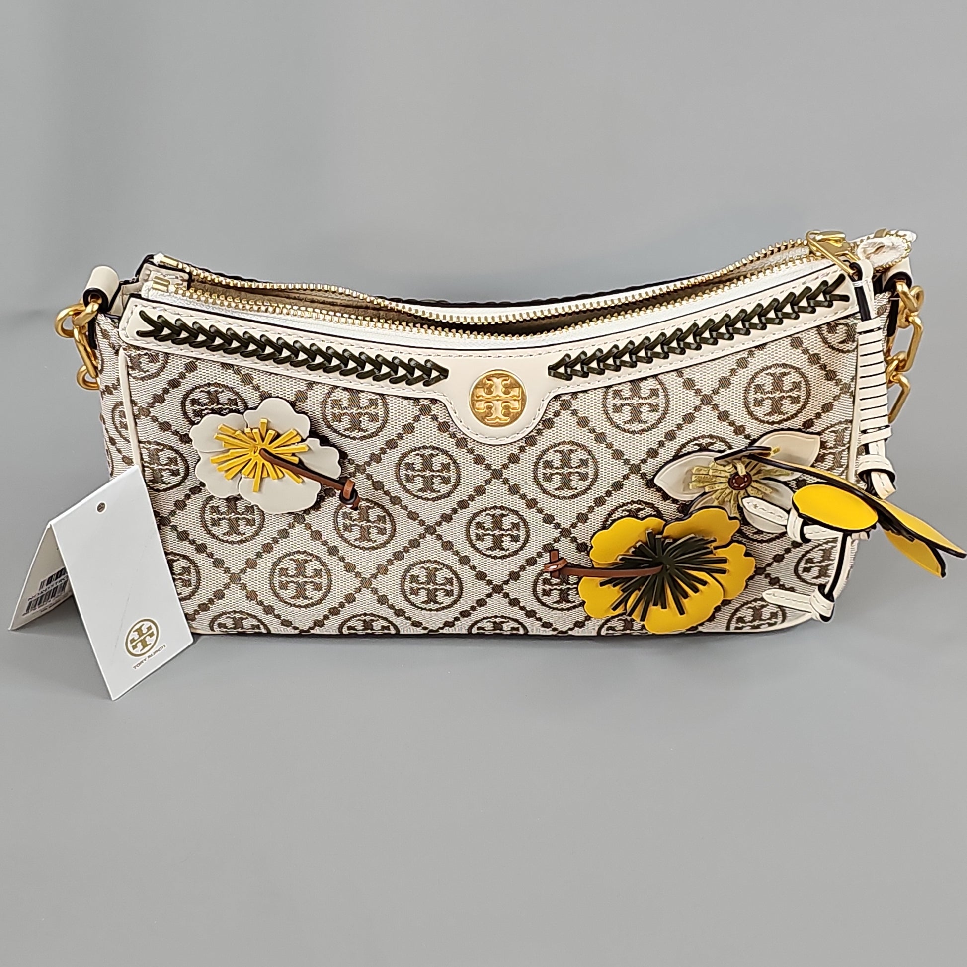 T.O.R.Y B.U.R.C.H 80862 T Monogram in Hazel / Gardenia Woven Jacquard  Embroidered with Fine Leather Trim Zip Camera Bag - Women's Bag