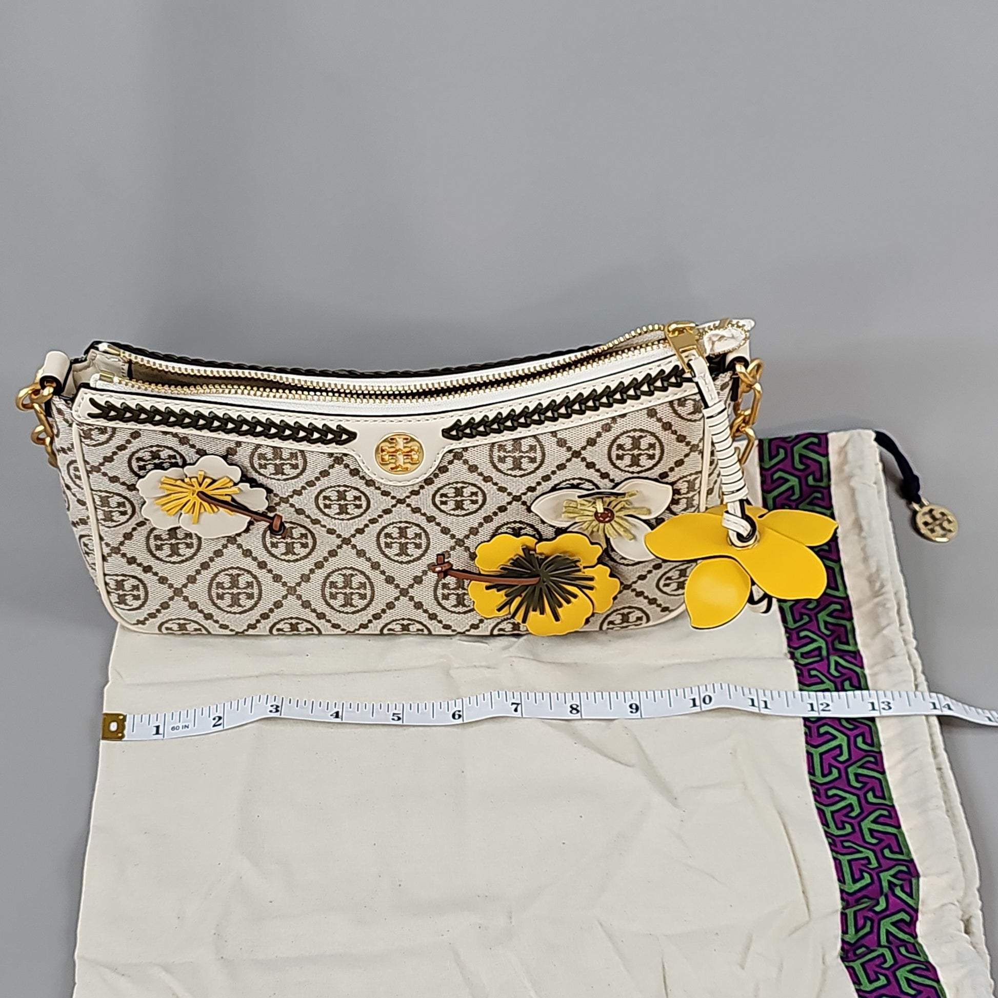 Tory Burch 88976 T Monogram Braided Floral Shoulder Bag in Hazelnut