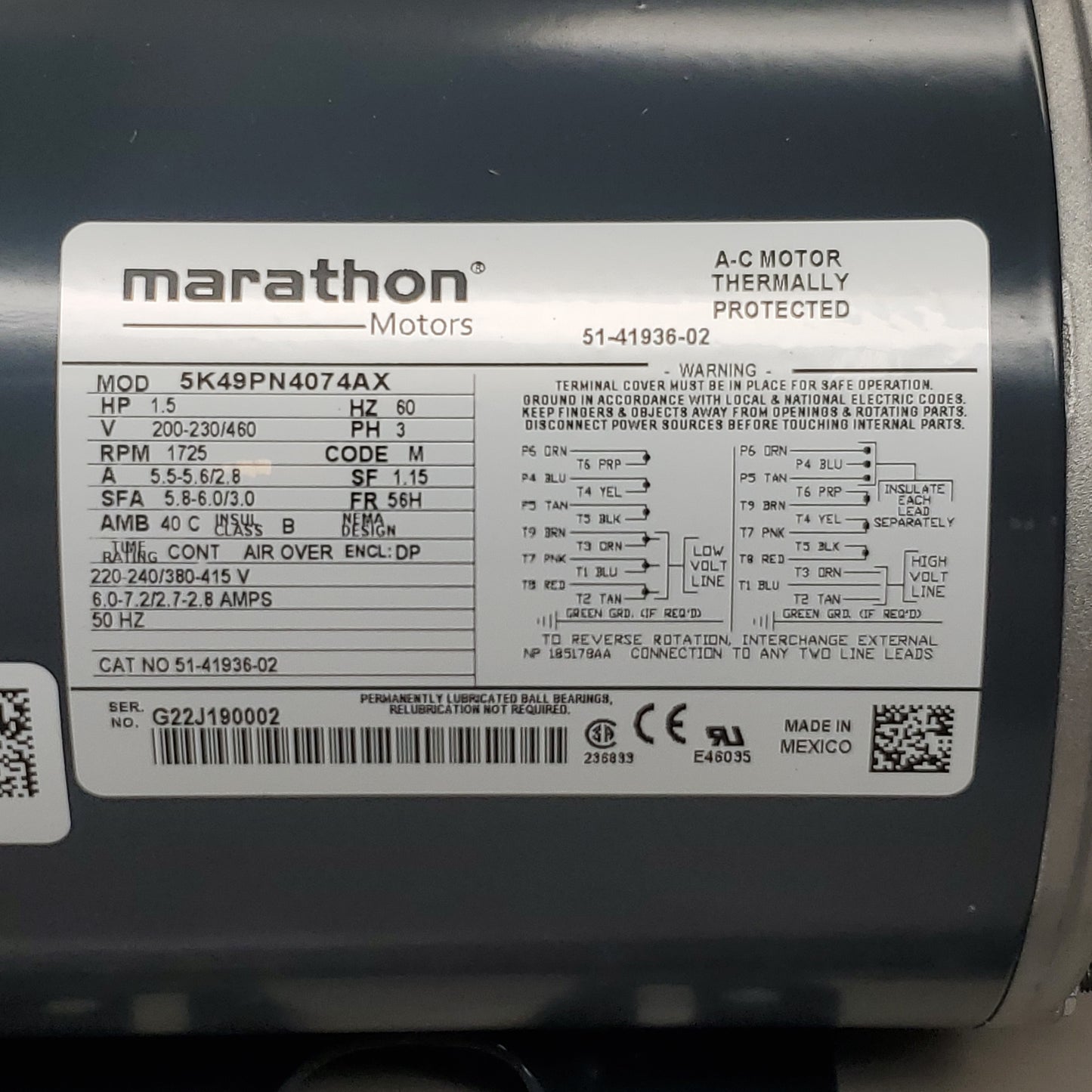 MARATHON Motor 1.5 HP 200-230/460 V 1725 RPM 60H 5K49PN4074AX-S (New)