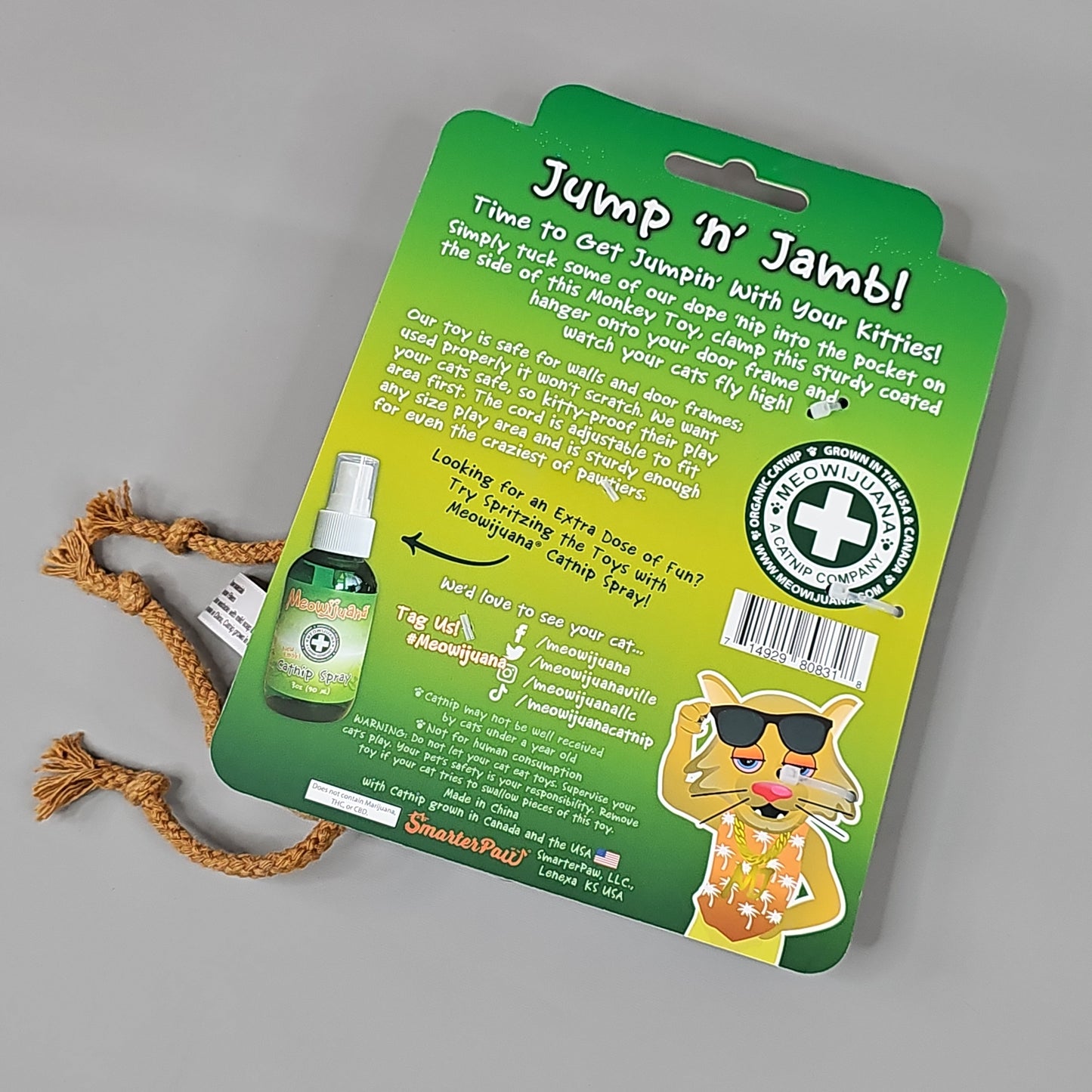 SMARTER PAW Meowijuana Organic Catnip Toy Jump 'n' Jamb Monkey Door Jamb Cat Toy (New)