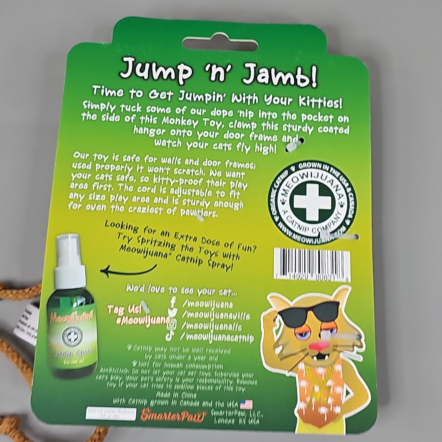 SMARTER PAW Meowijuana Organic Catnip Toy Jump 'n' Jamb Monkey Door Jamb Cat Toy (New)