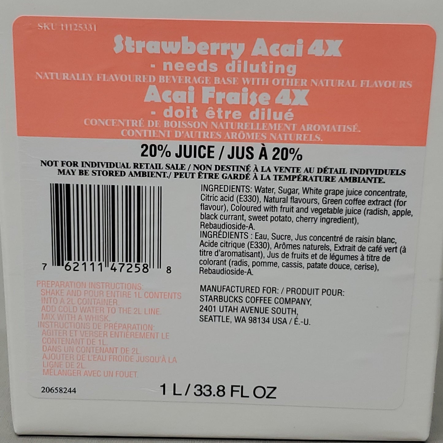 ZA@ STARBUCKS (6 PACK) Strawberry Acai 4X Naturally Flavored Beverage Base 1 L BB 09/24 As-is A