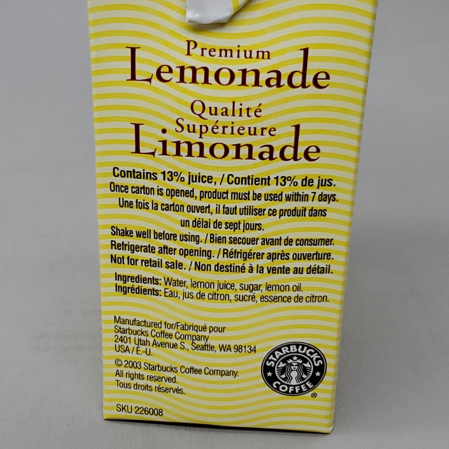 ZA@ STARBUCKS (6 PACK) Premium Lemonade Beverage 48 fl oz per Carton BB 12/25 B