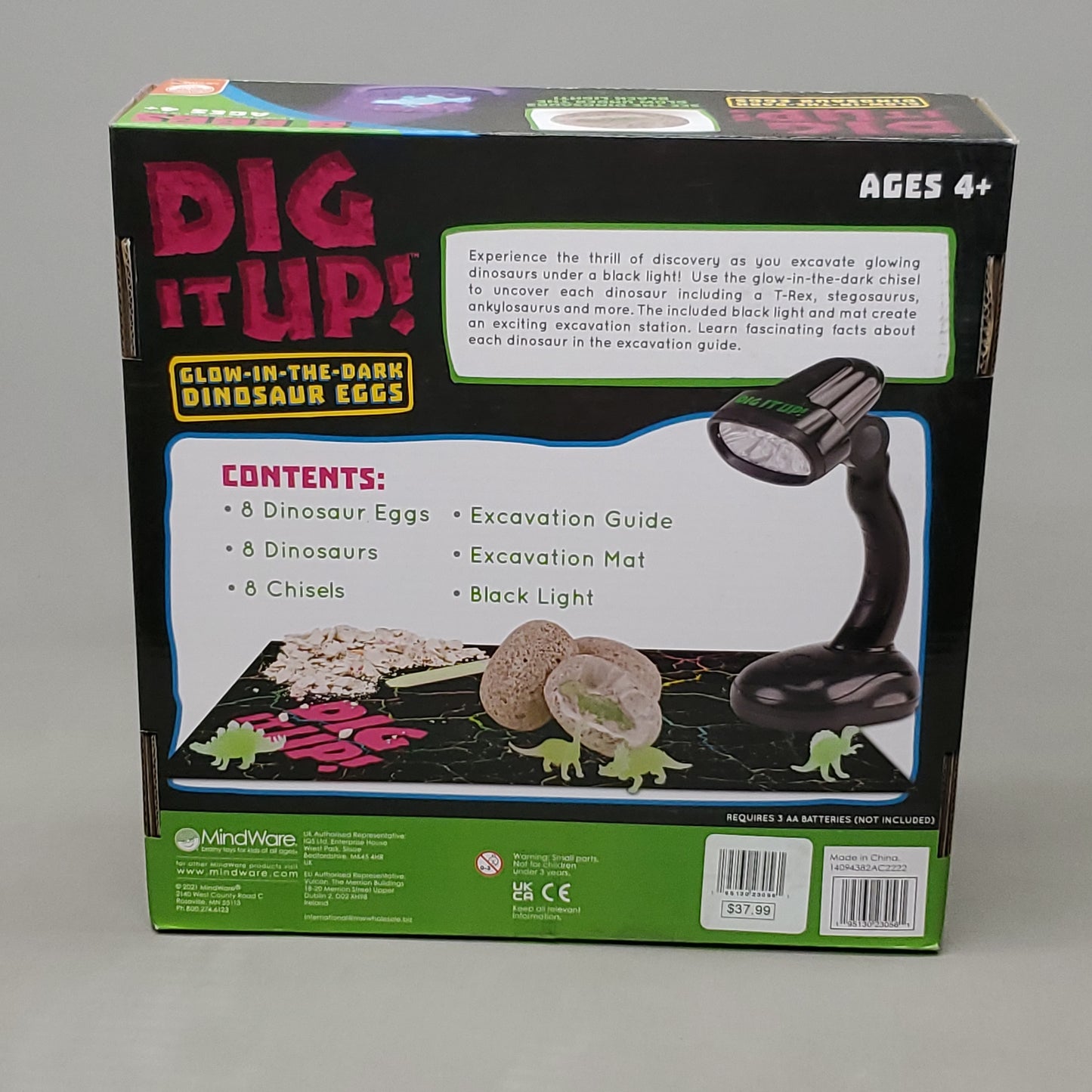 MINDWARE Dig it up Glow in the Dark Dinosaur Eggs w/ Black Light (New)