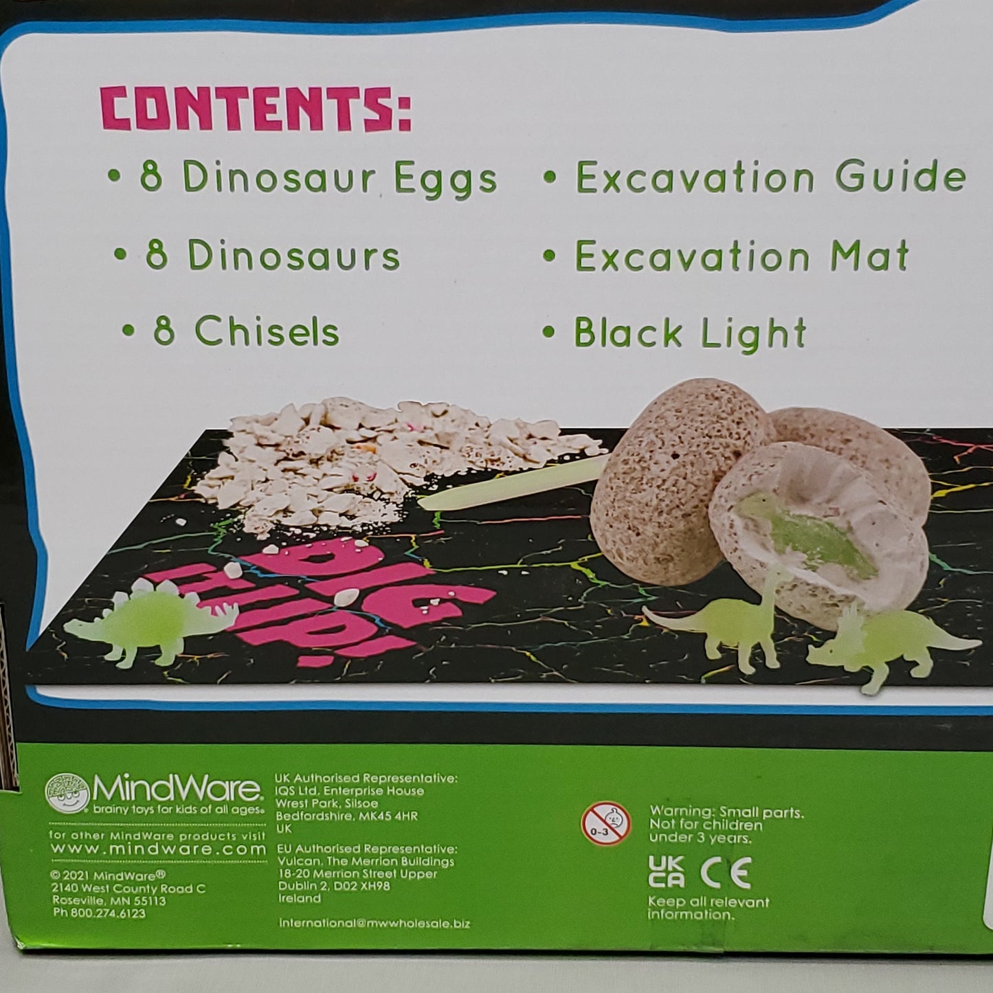 MINDWARE Dig it up Glow in the Dark Dinosaur Eggs w/ Black Light (New)