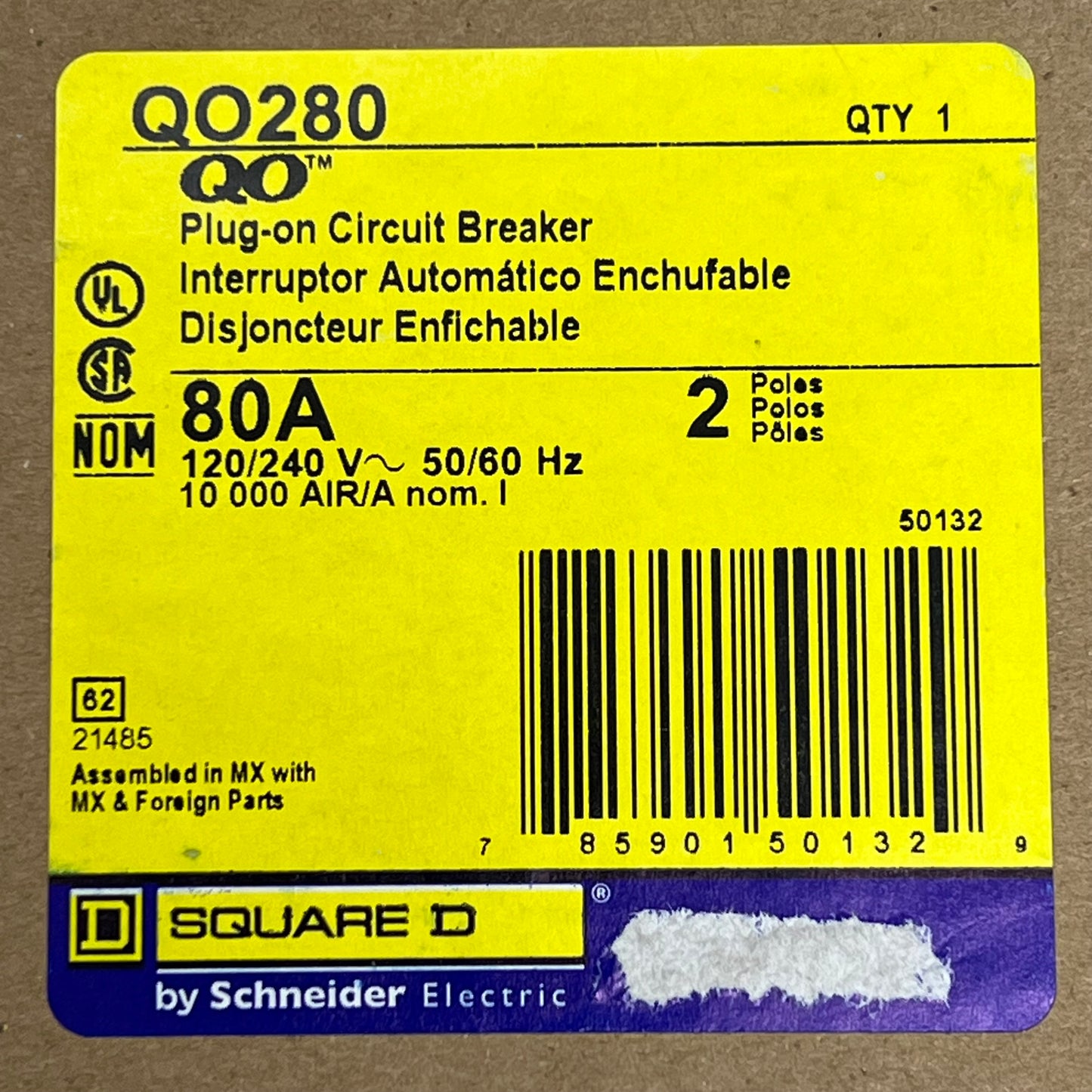 SQUARE D 80 AMP Circuit Breaker Plug-In 2 Pole 240 Volt QO280