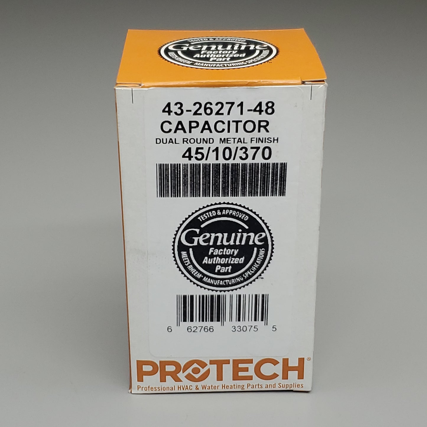 PROTECH Dual Round Capacitor 45/10 UF 370V for RHEEM Ruud 43-26271-48 Genuine Factory Authorized Part (New)