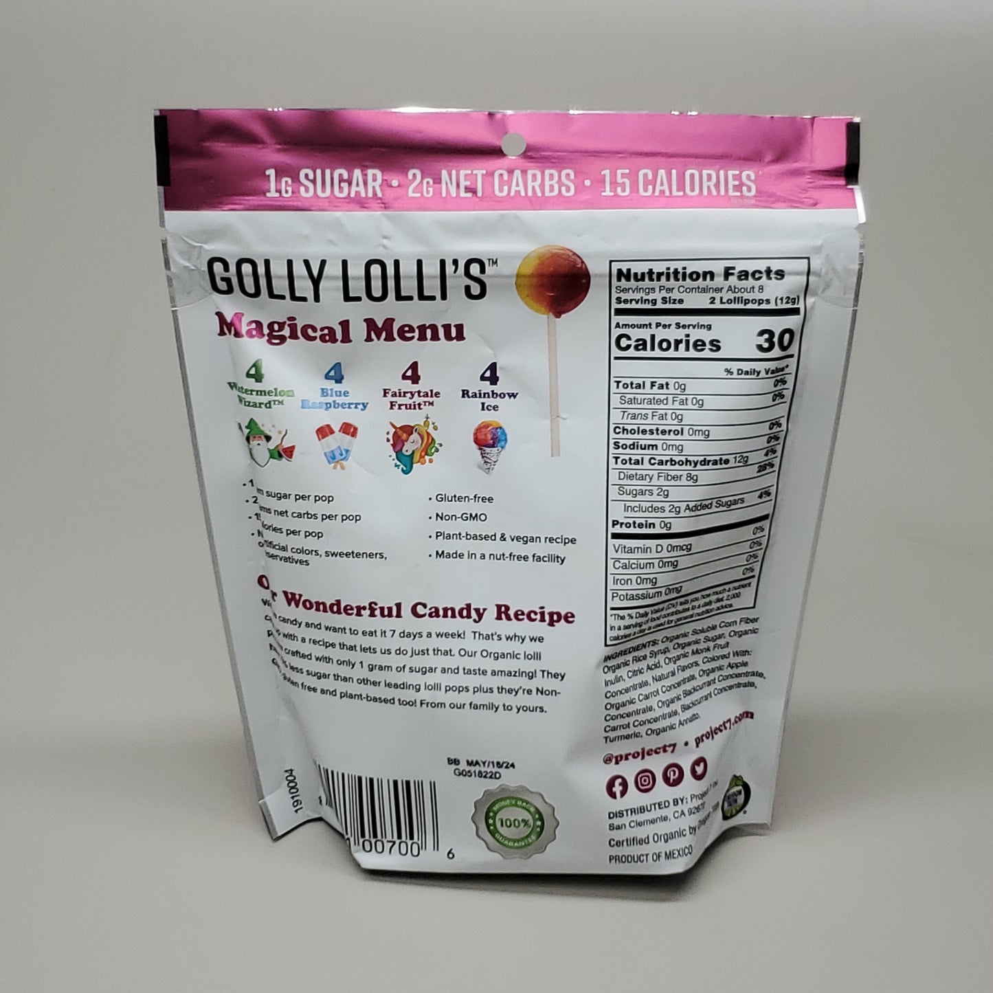 PROJECT 7 Golly Lolli's 4 Flavors 1 Grams of Sugar per Bag of 16-3.5oz Exp 5/24 (New)