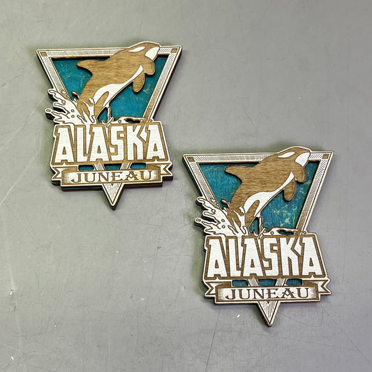 Z@ (2 PACK) Killer Whale Laser Cut Wood Magnet Souvenir JUNEAU, AK Made In USA