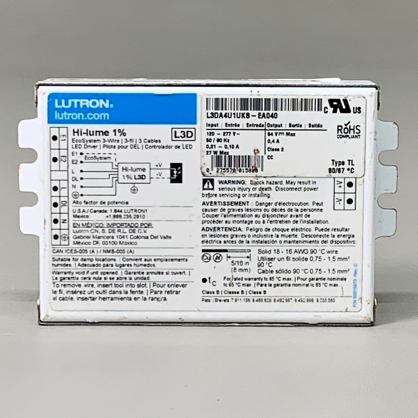 LUTRON Hi-Lume LED Driver & Power Supply LU00673 5" x 3" White 00673