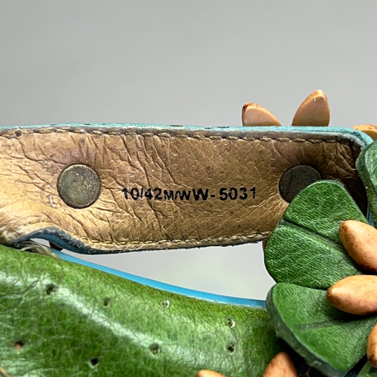 BORN Leather Beaded Flower Sandal W/ Heel Women's Sz 12 Green/Blue (Used)