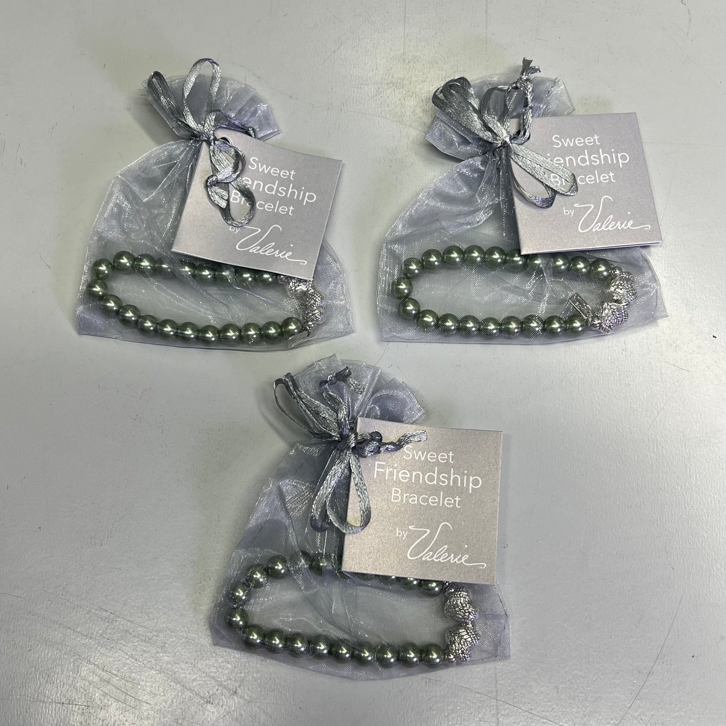 VALERIE PARR HILL  Angel Wing Heart & Pearl Friendship Bracelets Sz Small Green