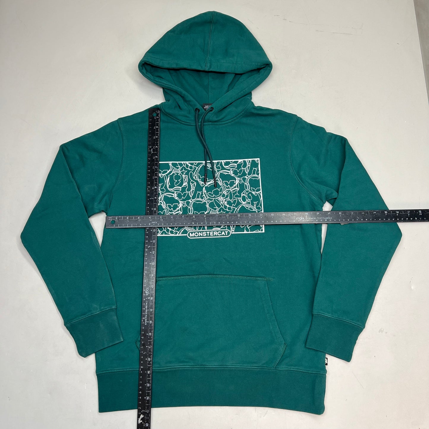 MONSTERCAT Hooded Drawstring Pull Over Sweatshirt Unisex Sz S Emerald Green