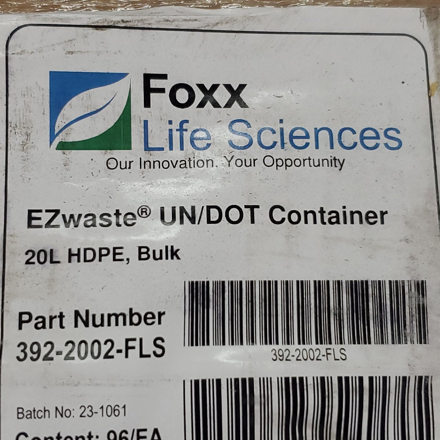 ZA@ FOXX Life Sciences EZwaste UN/DOT Liquid Container Sz 20L HDPE White