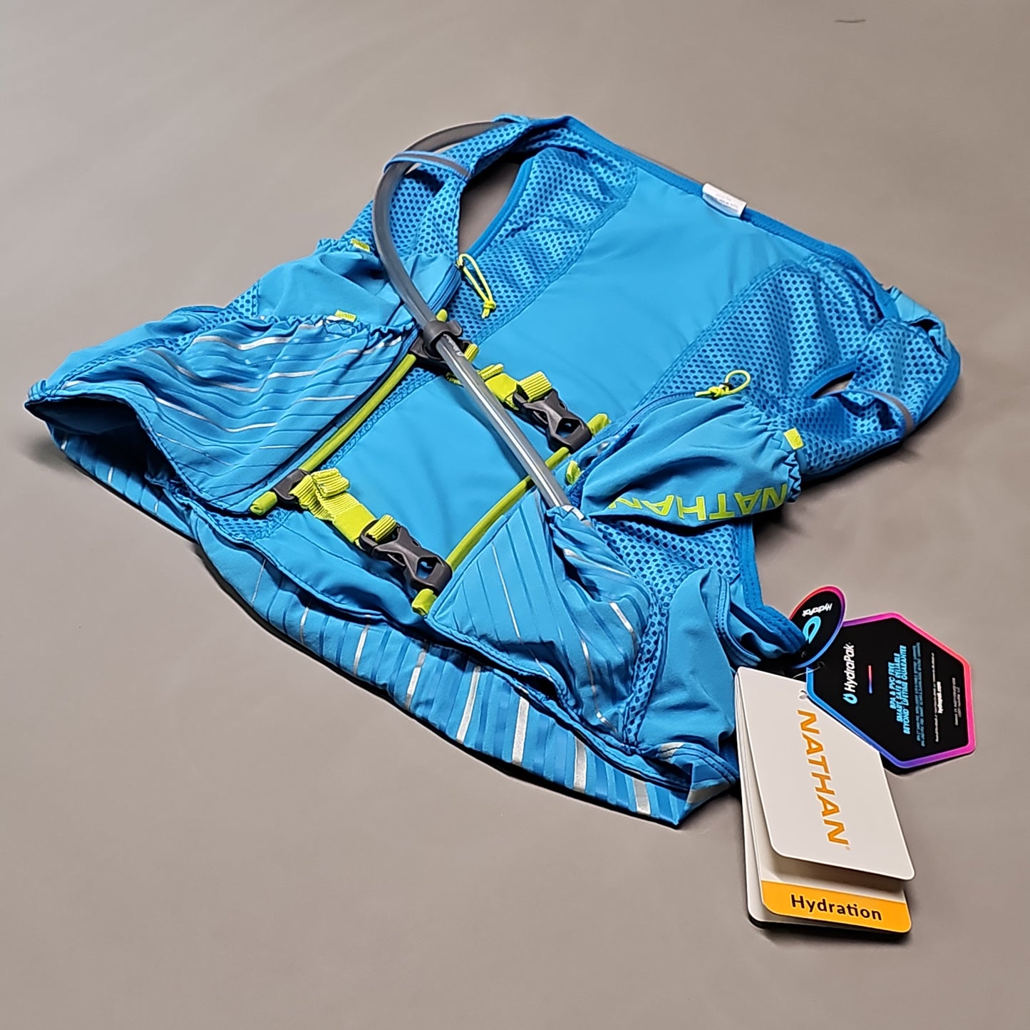 NATHAN Pinnacle 12 Liter Hydration Race Vest Unisex Sz S Blue Me Away/Finish Lime (New)