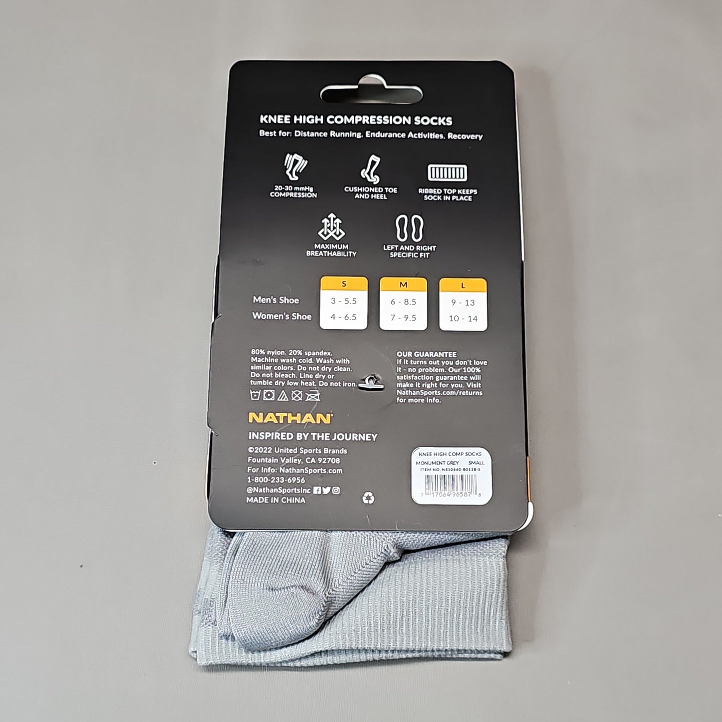 NATHAN Speed Knee High Compression Socks Sz S Monument Grey NS10660-80128-S (New)