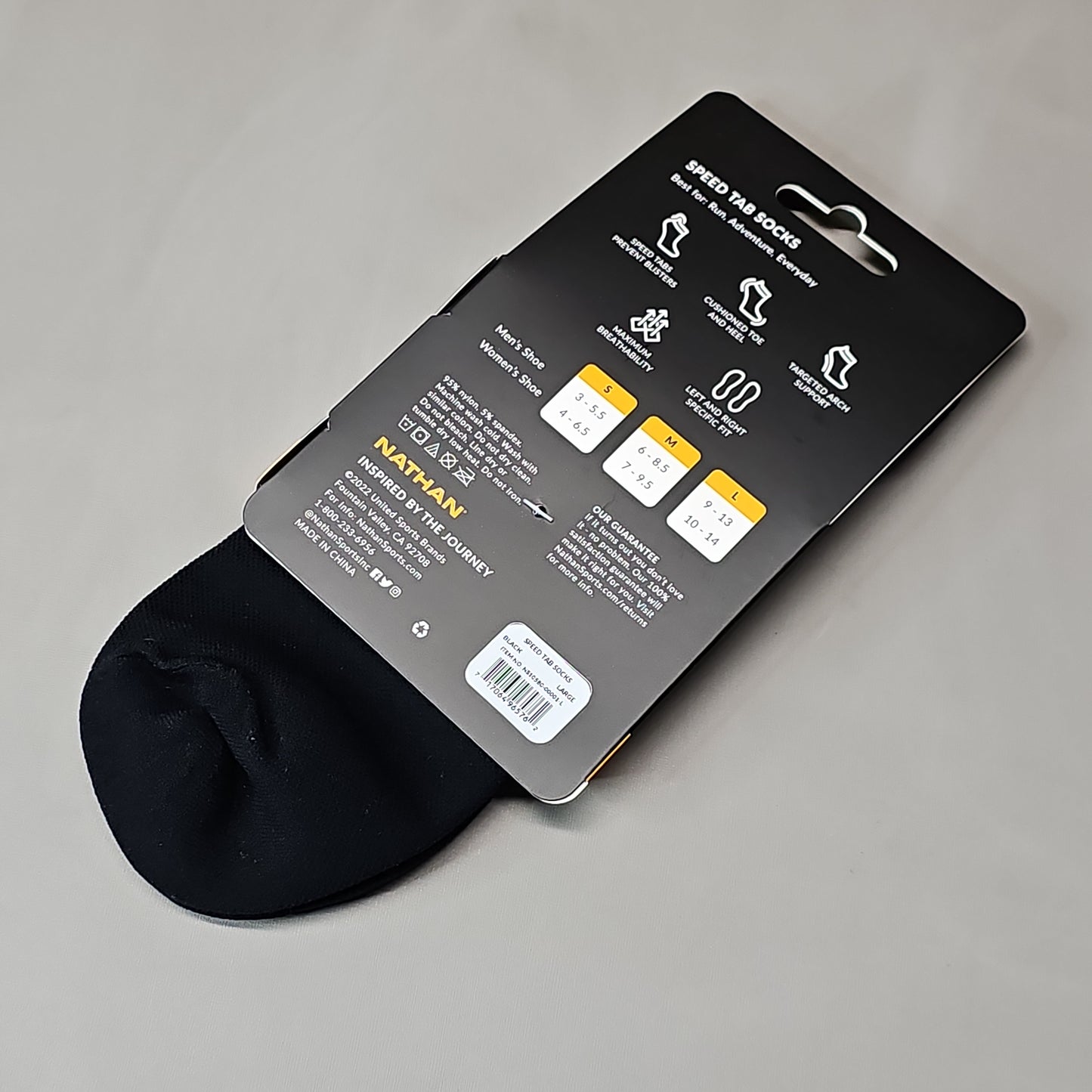 NATHAN Speed Tab Low Cut Socks Unisex Sz L Black NS10580-00001-L (New)