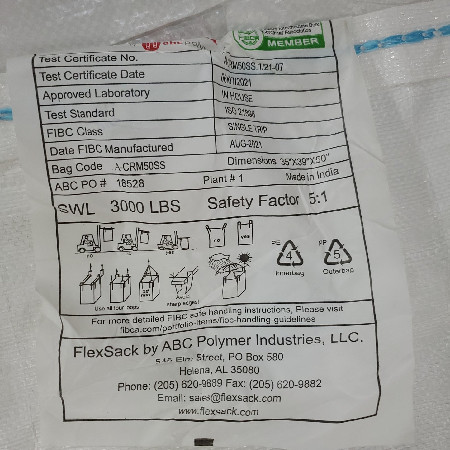 ABC Polymer Industries FlexSack Bulk Bag White 3000 lbs 35" X 39" X 50" Spout on Top & Bottom (New)